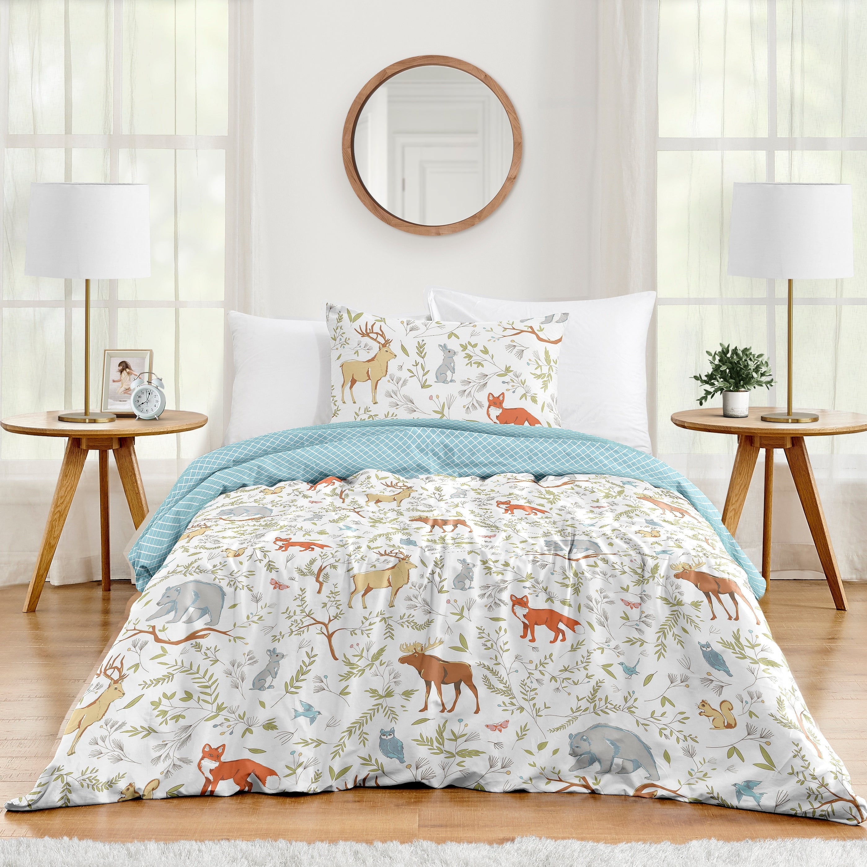 Woodland Animal Toile Collection Boy Or Girl 4 Piece Twin Size Comforter Set Grey Green Brown Bear Deer Fox Forest Animals