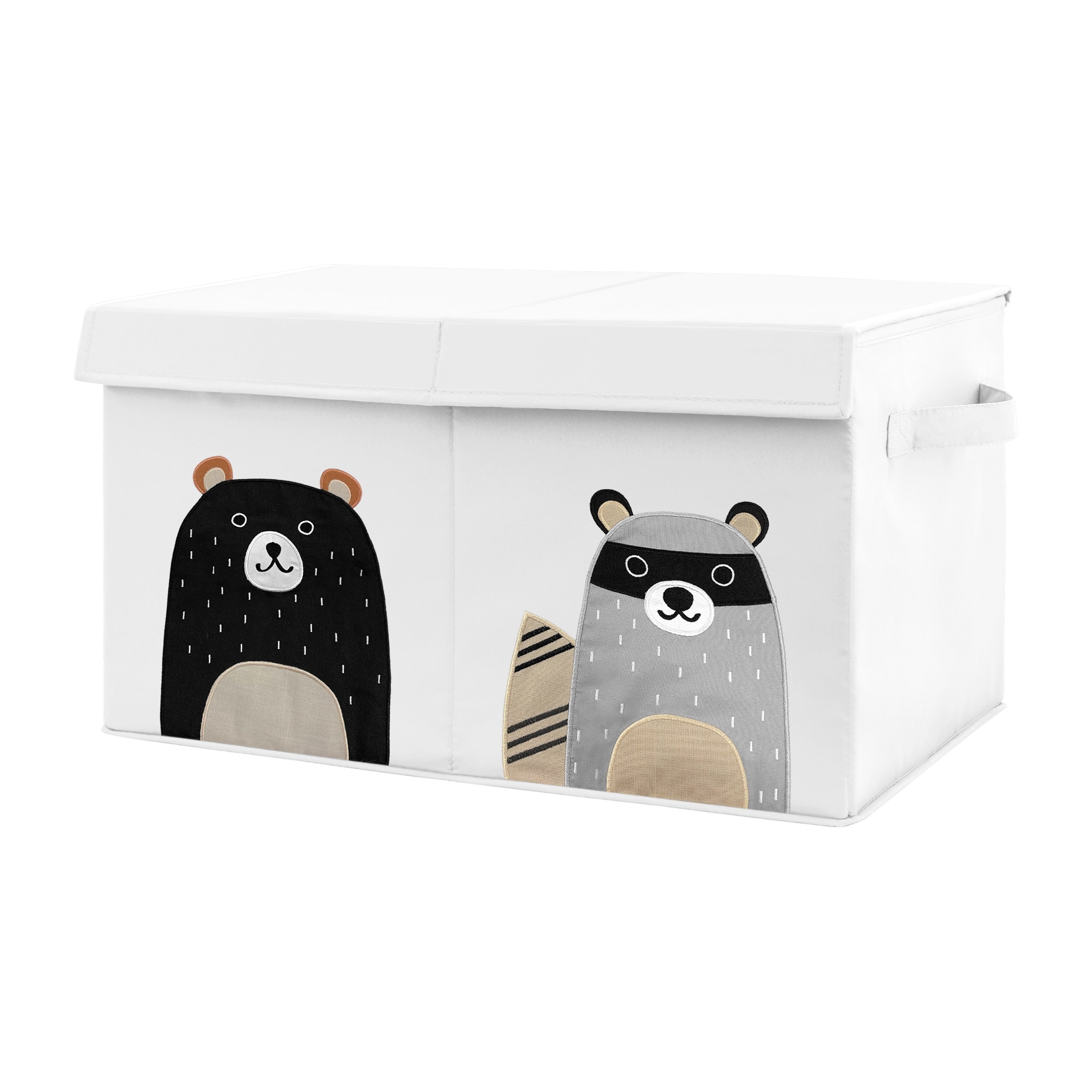 Woodland Bear Racoon Collection Boy Or Girl Kids Fabric Toy Bin Storage Neutral Beige Green Black And Grey Forest Pals