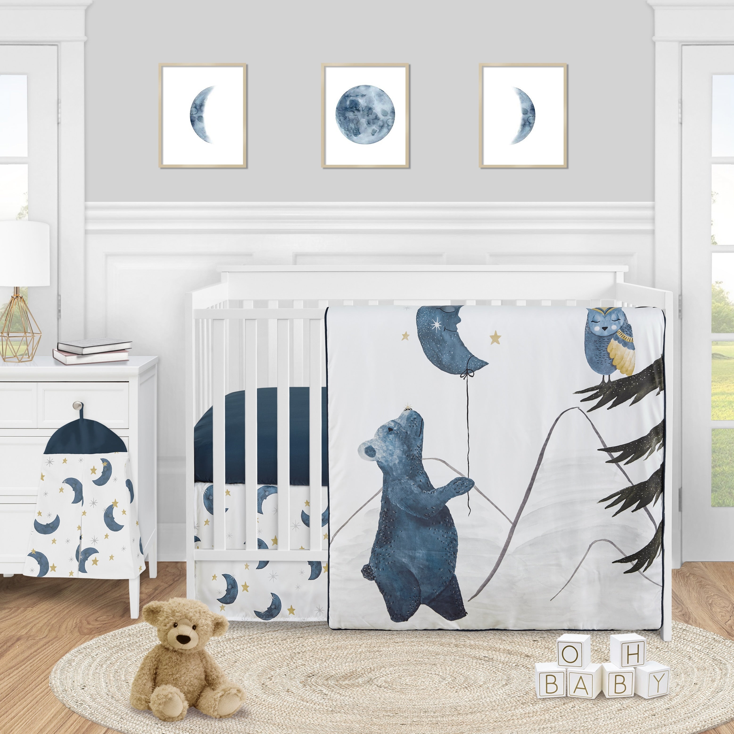 Woodland Bear And Owl Boy Or Girl 4Pc Nursery Crib Bedding Set Navy Blue Grey Gold Black Celestial Moon Star Watercolor Forest