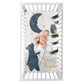Woodland Bear And Owl Boy Or Girl Photo Op Fitted Crib Sheet Navy Blue Grey Gold Black Celestial Moon Star Watercolor Forest
