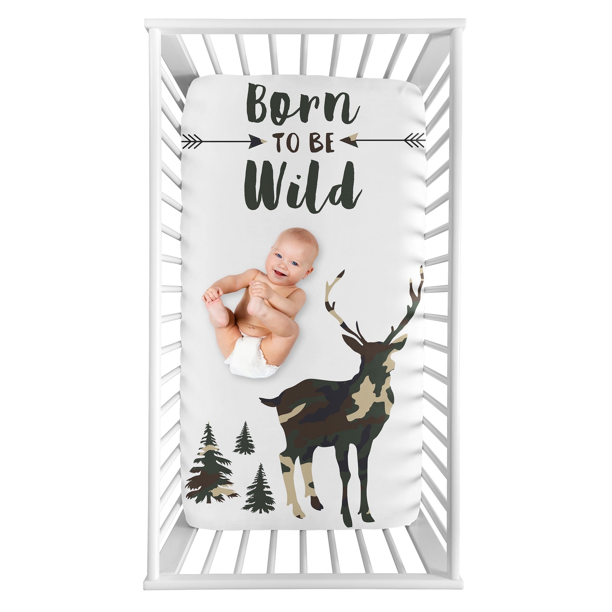 Woodland Camo Deer Collection Boy Photo Op Fitted Crib Sheet Beige Green And Black Rustic Forest Animal Camoflauge