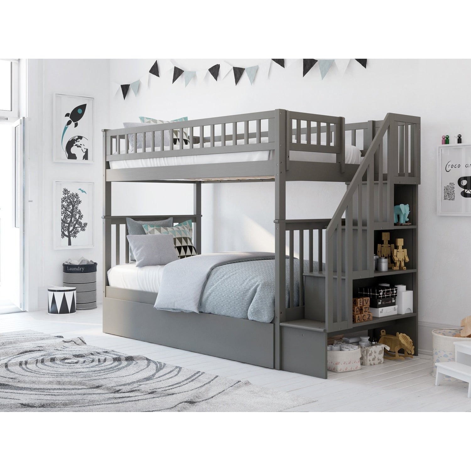 Woodland Staircase Bunk Bed With Twin Size Urban Trundle Bed In Grey