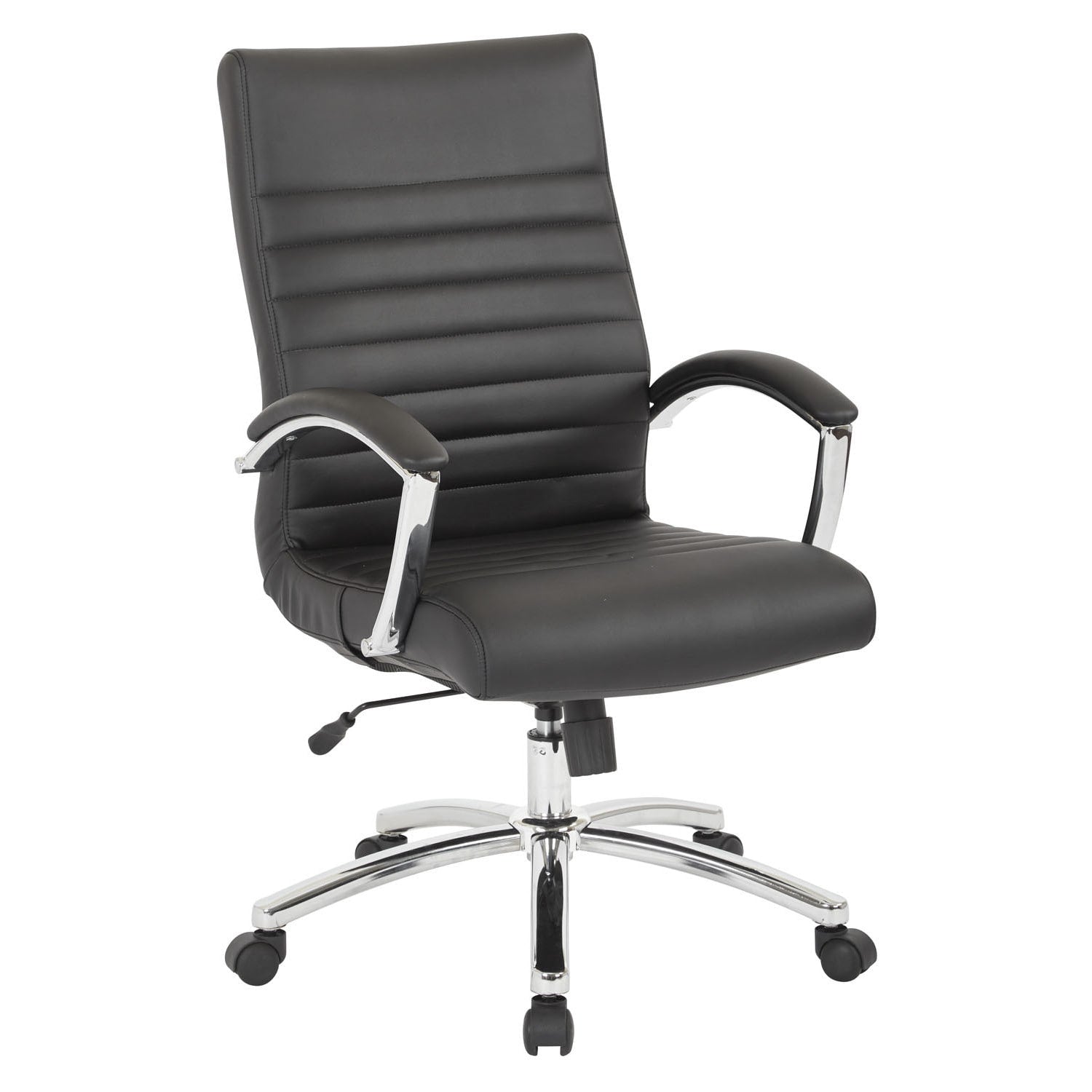 Work Smart Black Faux Leather Executive Mid Back Chair With Padded Arms And Chrome Finished Base