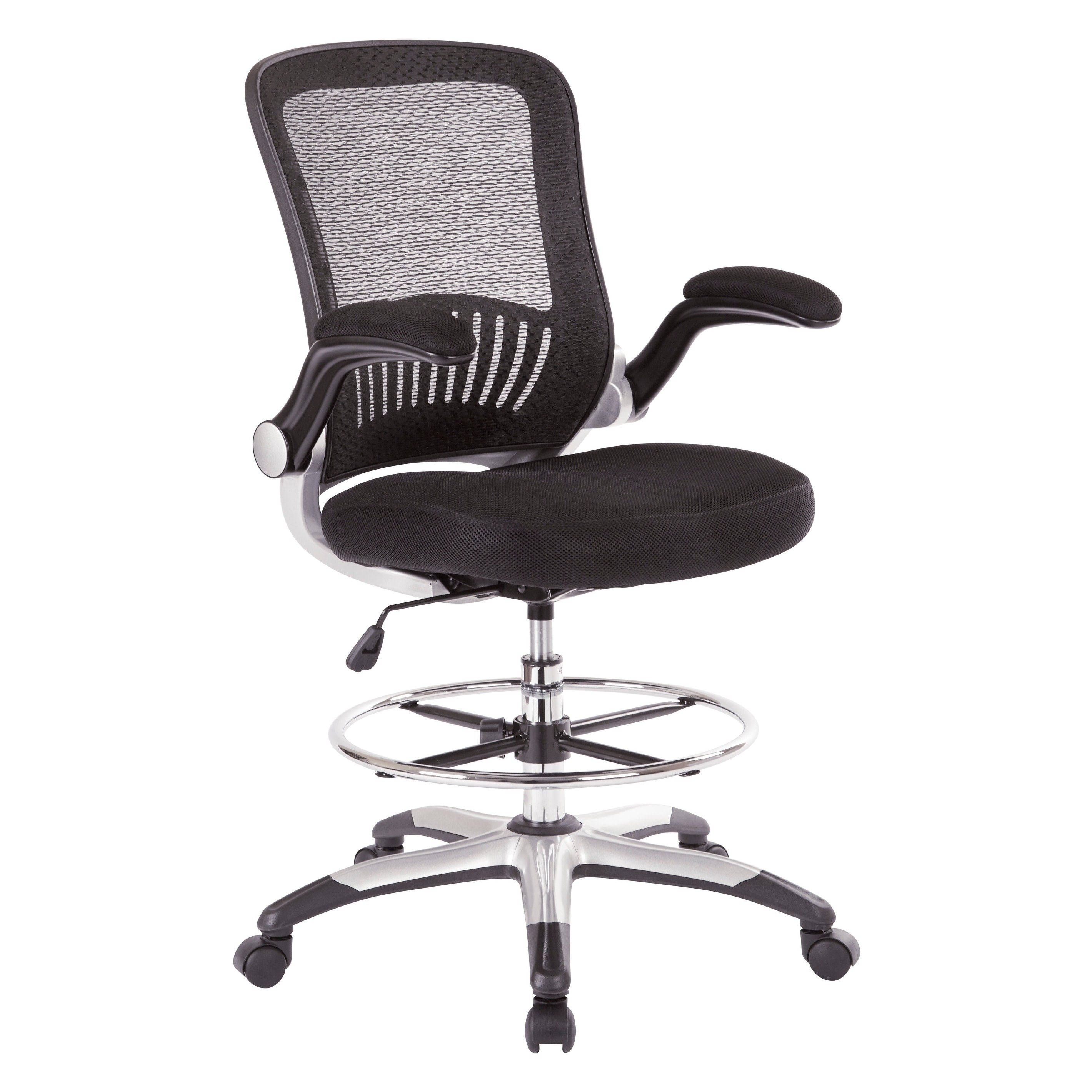 Work Smart Mesh Back Drafting Chair With Adjustable Foot Ring And Padded Flip Arms