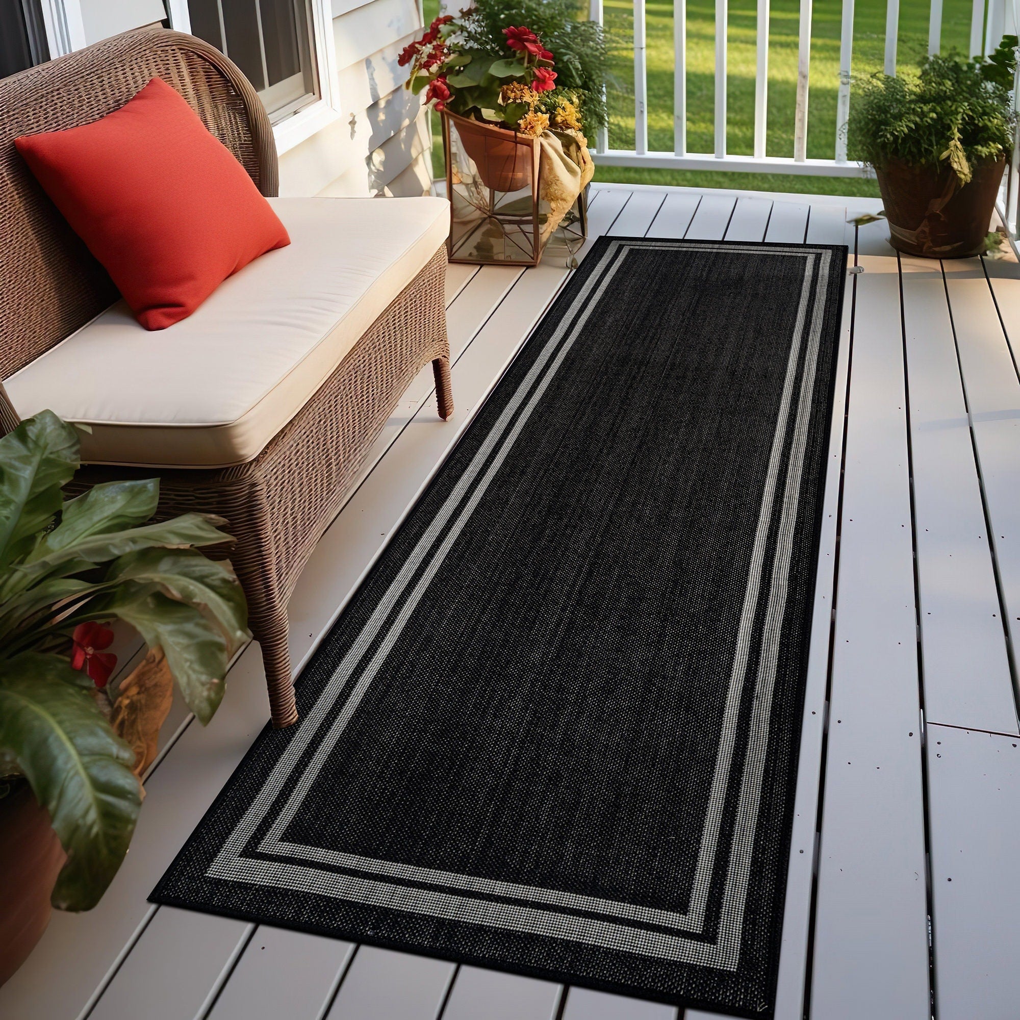 World Rug Gallery Border Indoor Outdoor Flat Woven Area Rug Natural Jute Style Easy Care Patio Rug For Backyard Porch Balcony