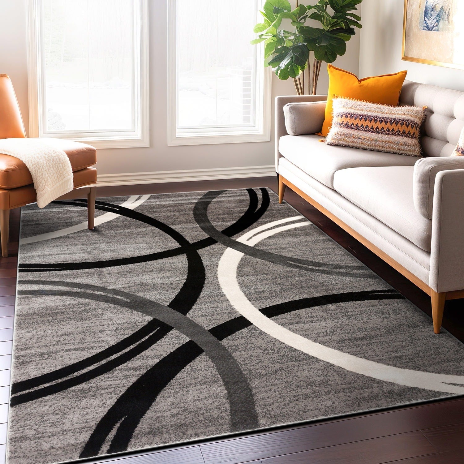 Contemporary Abstract Circles Design Area Rug Gray 53 X 73