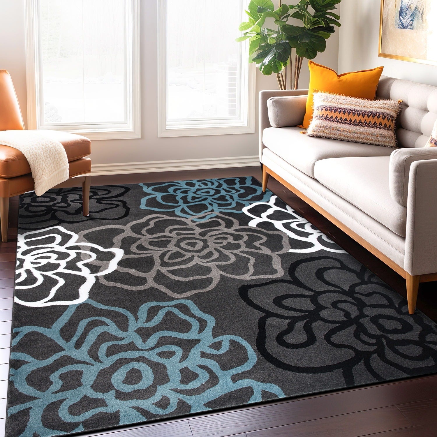 Contemporary Modern Floral Flowers D.Grey Area Rug 710 X 102 710 X 102