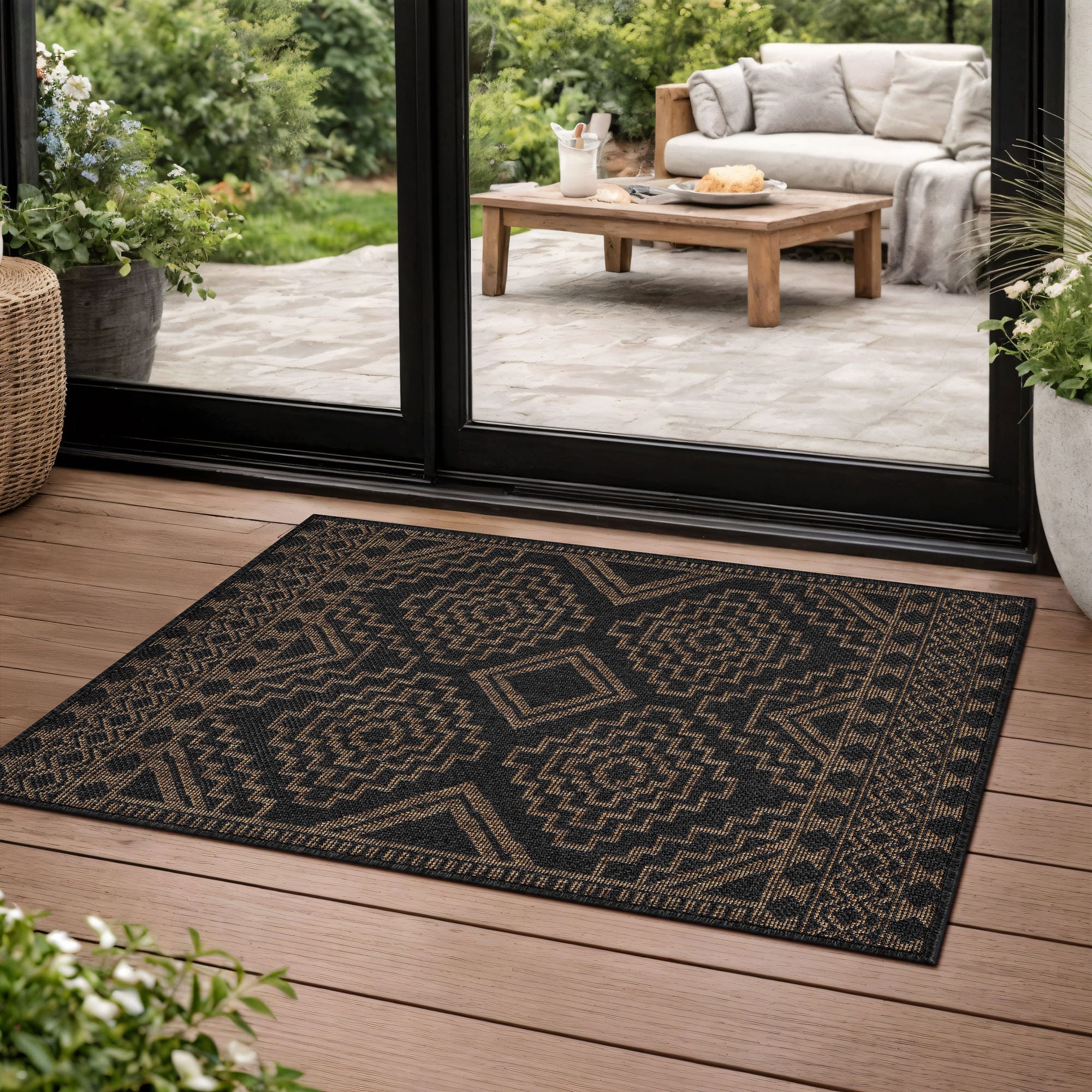 World Rug Gallery Geometric Border Indoor Outdoor Flat Woven Area Rug Natural Jute Style Easy Care Patio Rug For Balcony Deck