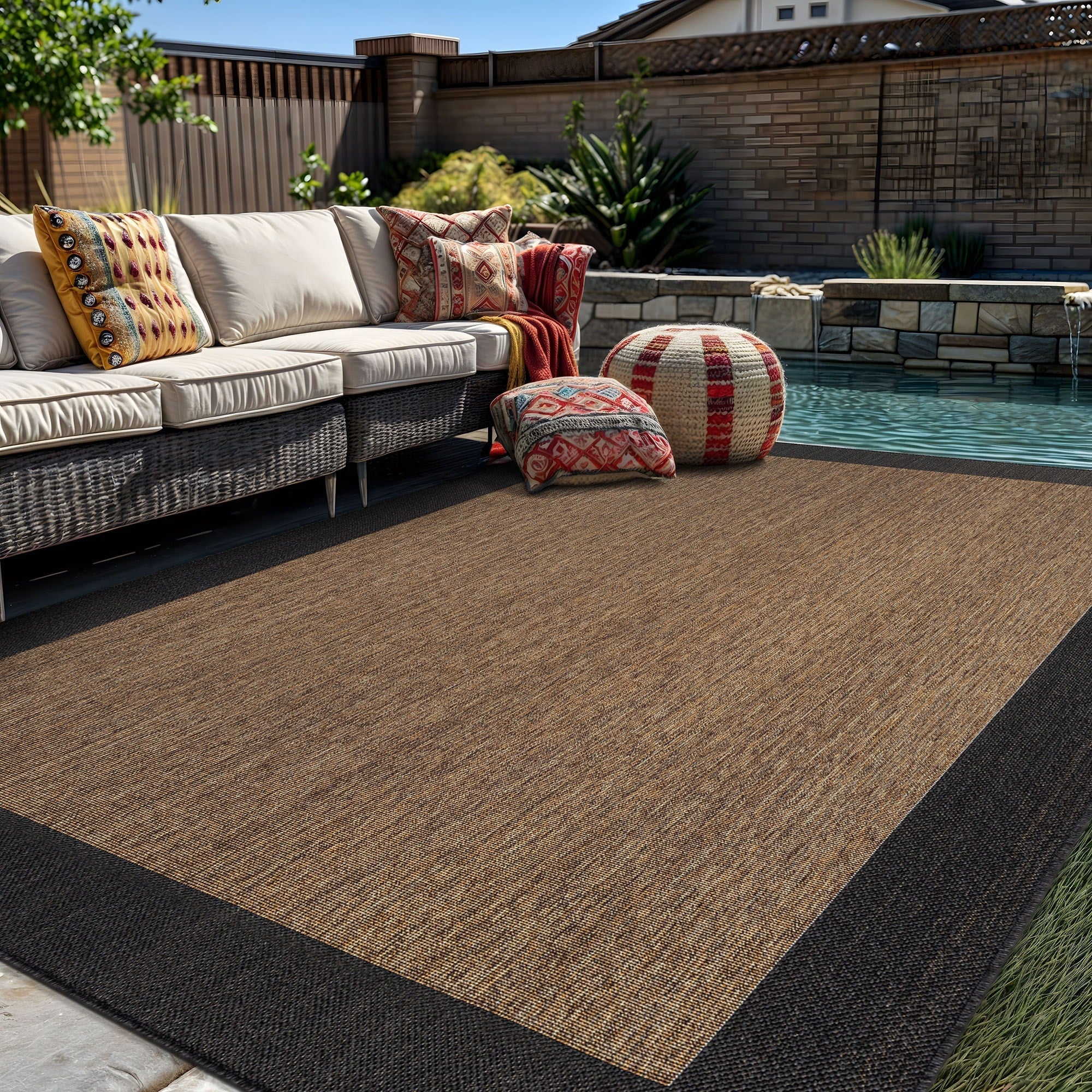 World Rug Gallery Geometric Border Indoor Outdoor Flat Woven Area Rug Natural Jute Style Easy Care Patio Rug For Patio Deck
