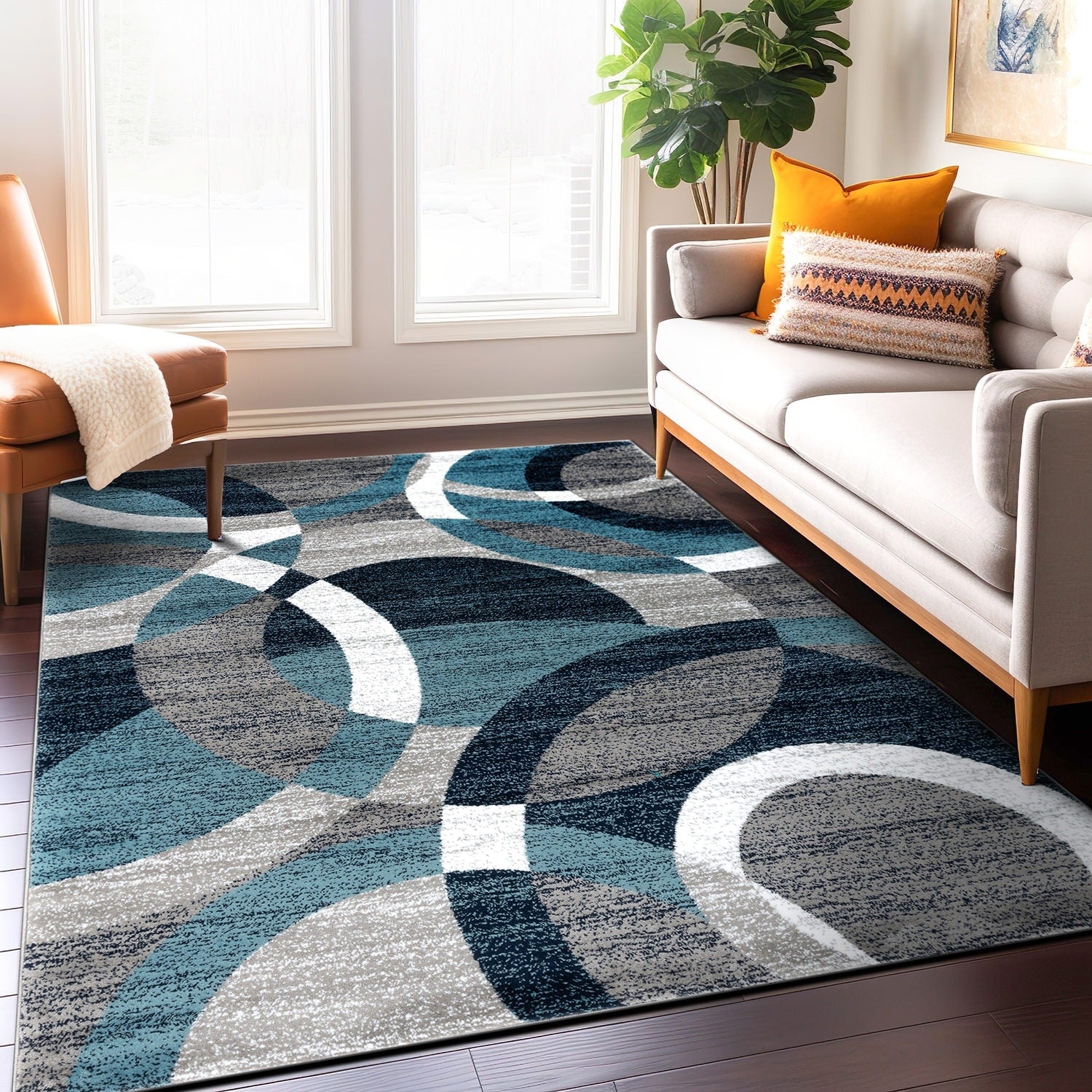 Contemporary Modern Circles Grey Area Abstract Rug 53 X 73 53 X 73