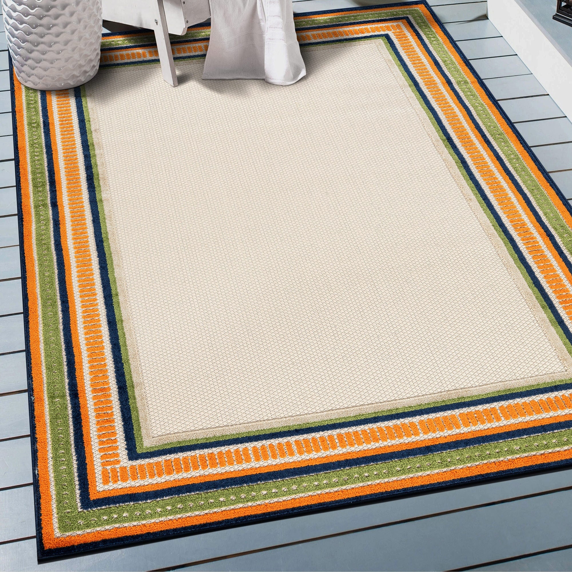 World Rug Gallery Indoor Outdoor High Low Textured Area Rug Coastal Border Ivory Multi Easy Clean Patio Rug