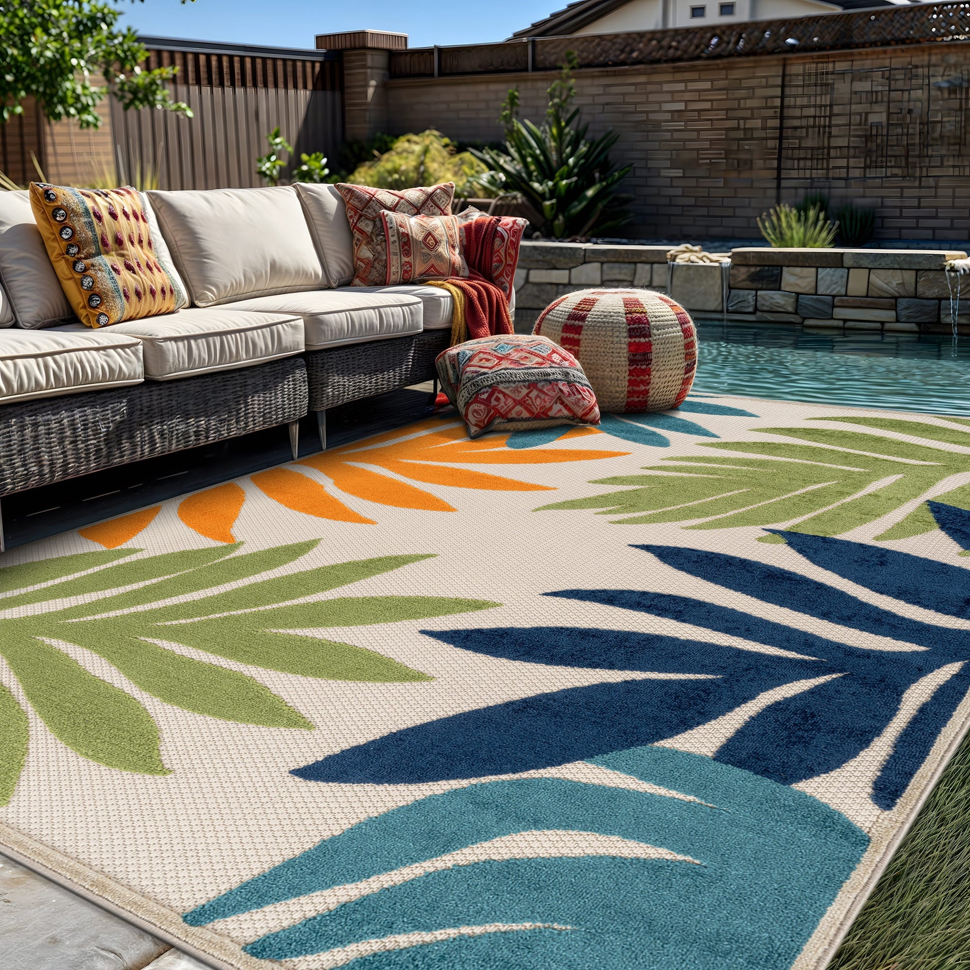 World Rug Gallery Indoor Outdoor High Low Textured Area Rug Palm Ivory Multi Easy Clean Patio Rug