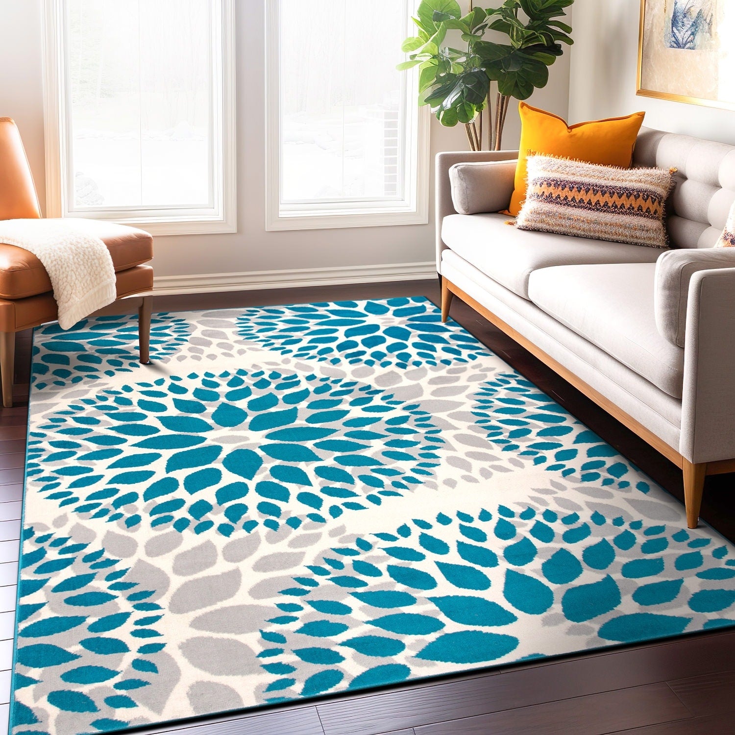 Modern Floral Design Blue Area Rug 76X95 76 X 95