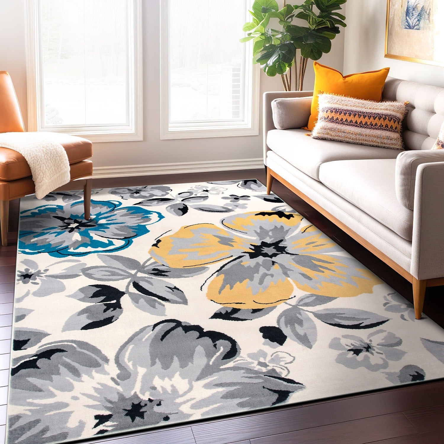 Modern Floral Circles Cream Area Rug 5 X 7