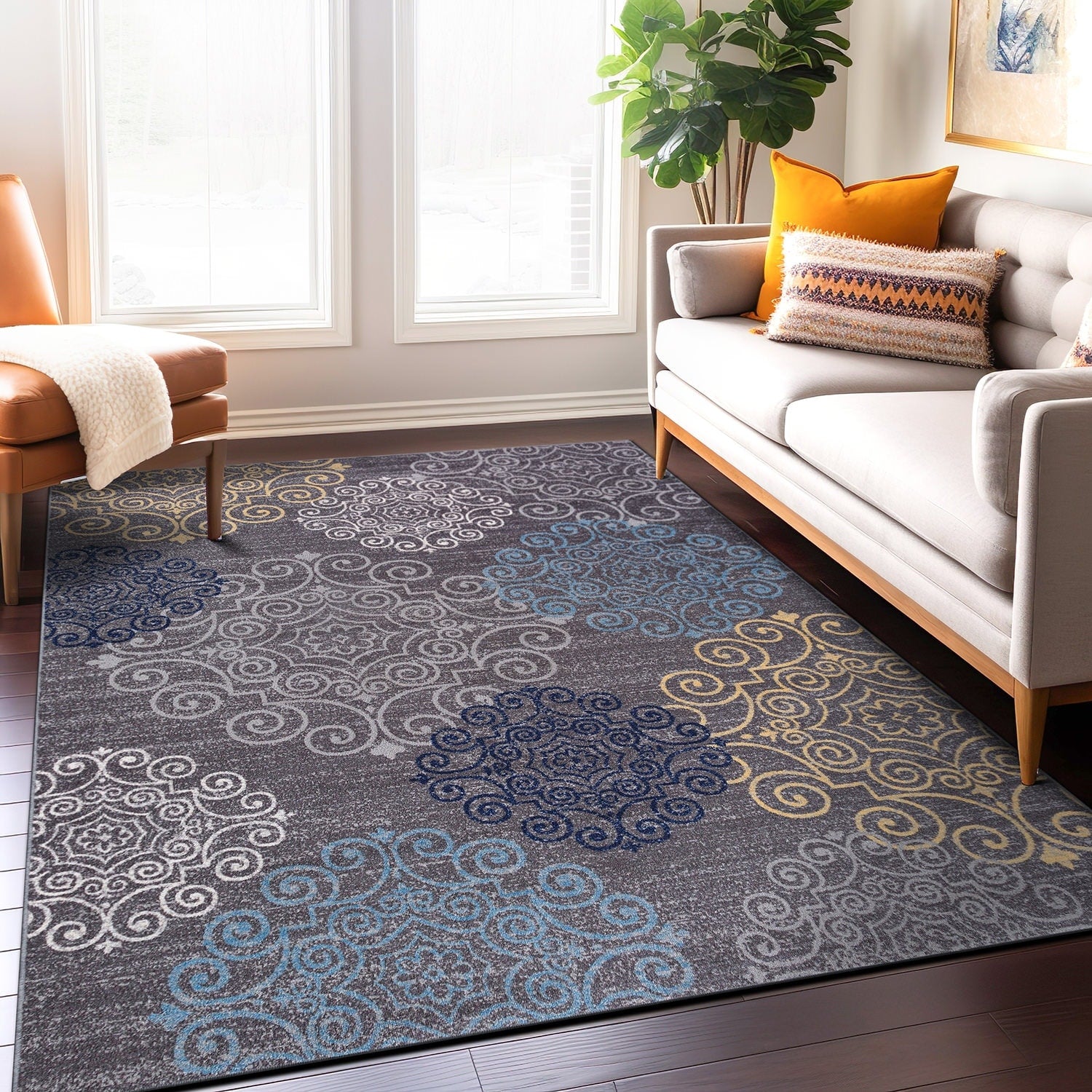 Modern Grey Floral Swirl Design Non Slip Area Rug 710 X 10