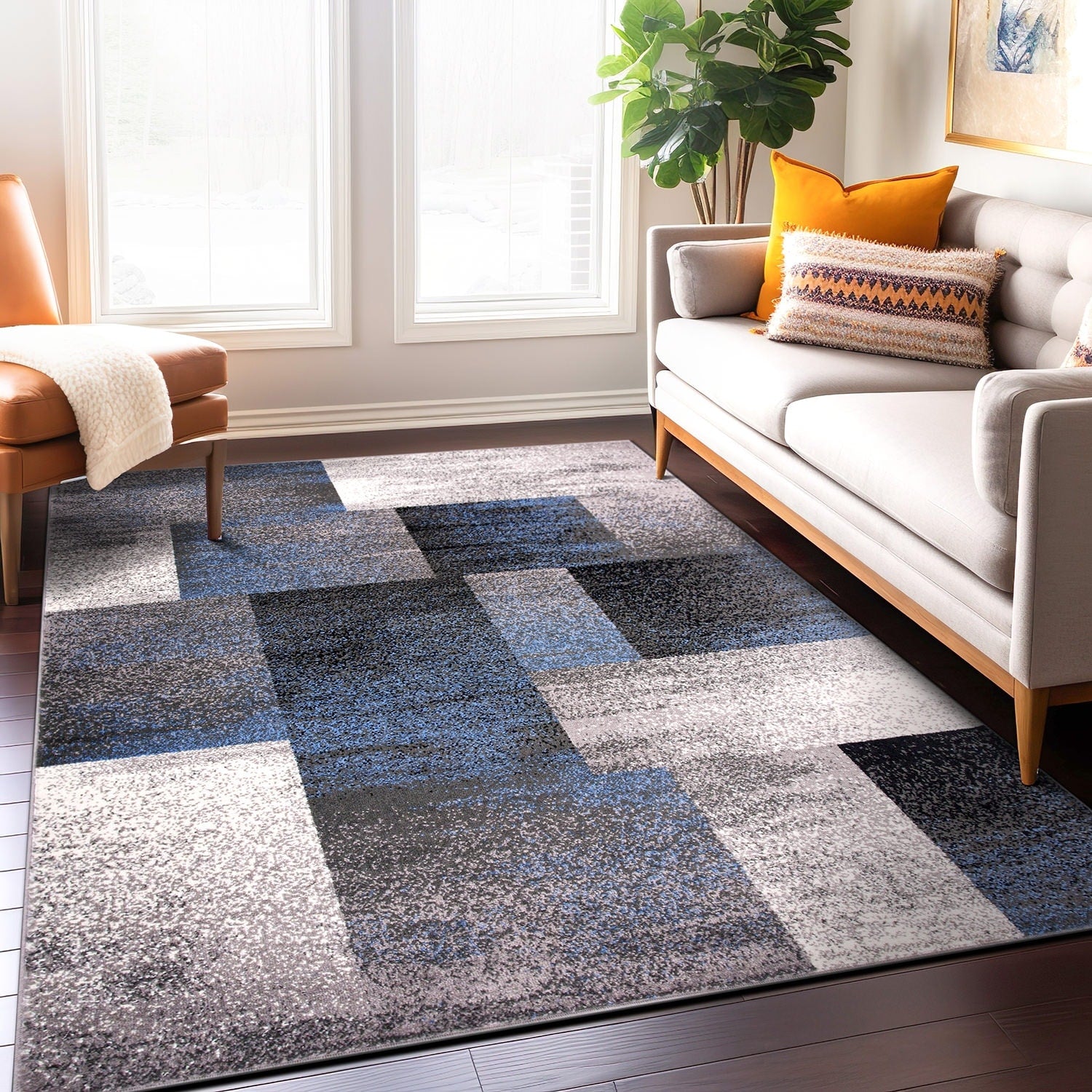 Modern Geometric Boxes Area Rug Blue 5 X 7