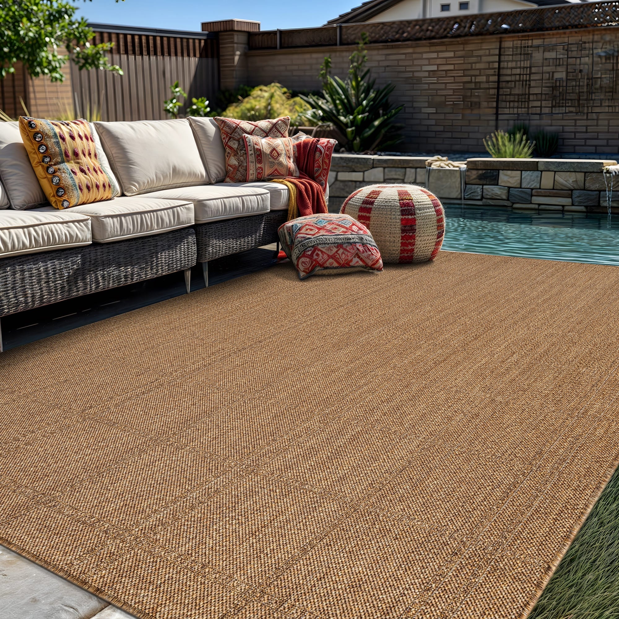 World Rug Gallery Plaid Indoor Outdoor Flat Woven Area Rug Natural Jute Style Easy Care Patio Rug For Backyard Porch Balcony
