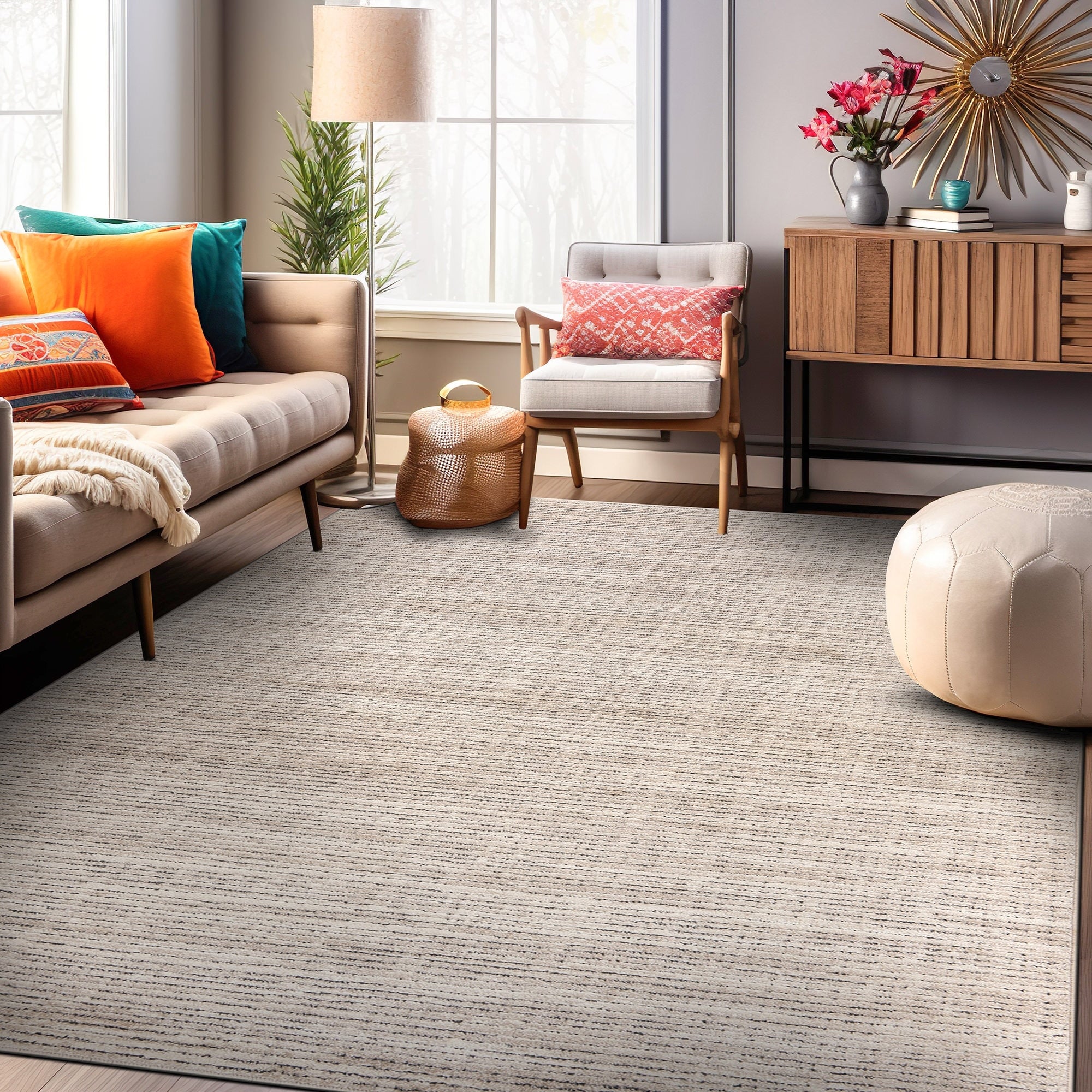 World Rug Gallery Striped Texture Linen Beige Indoor High Low Area Rug
