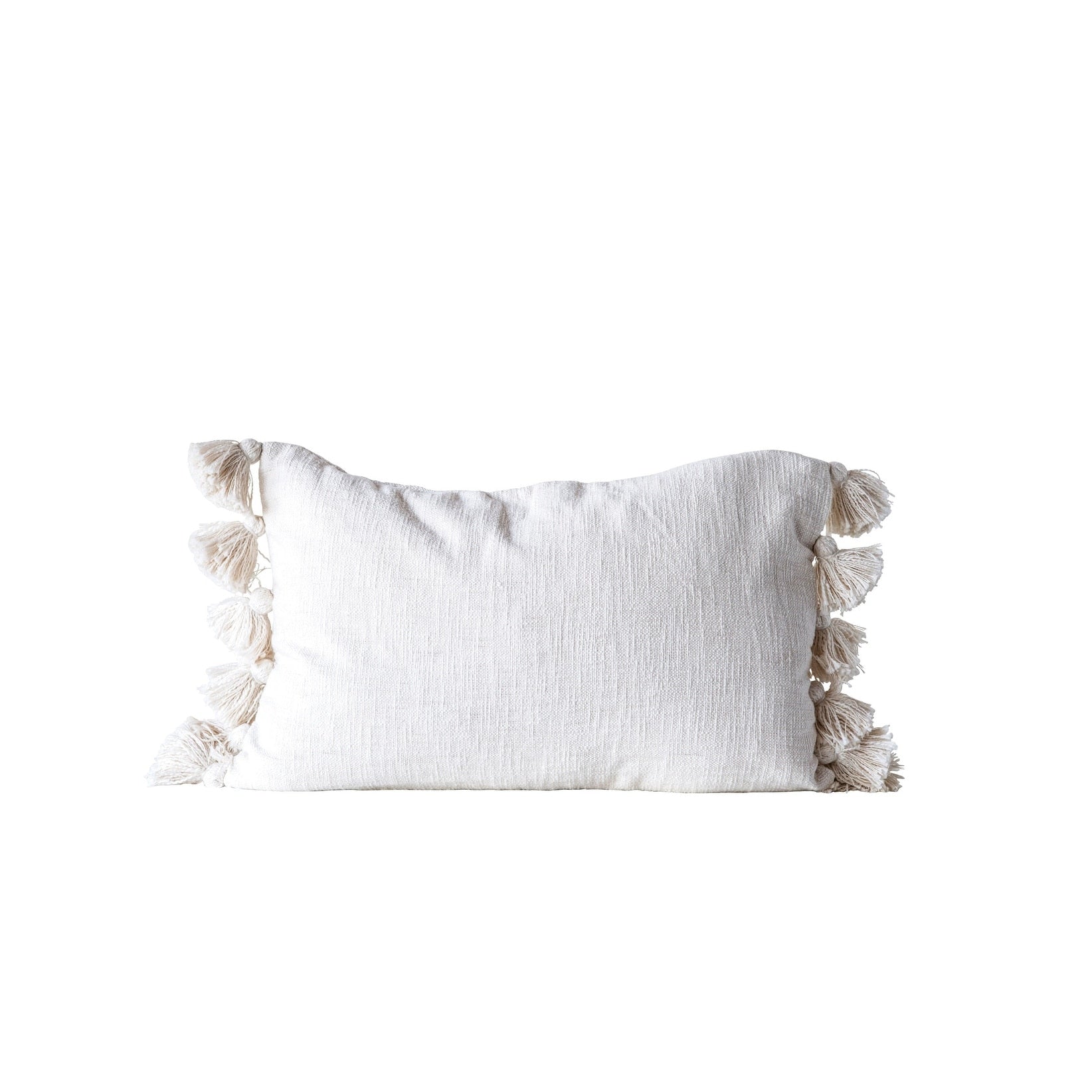 Cream Cotton Woven Slub Pillow With Plush Tassels