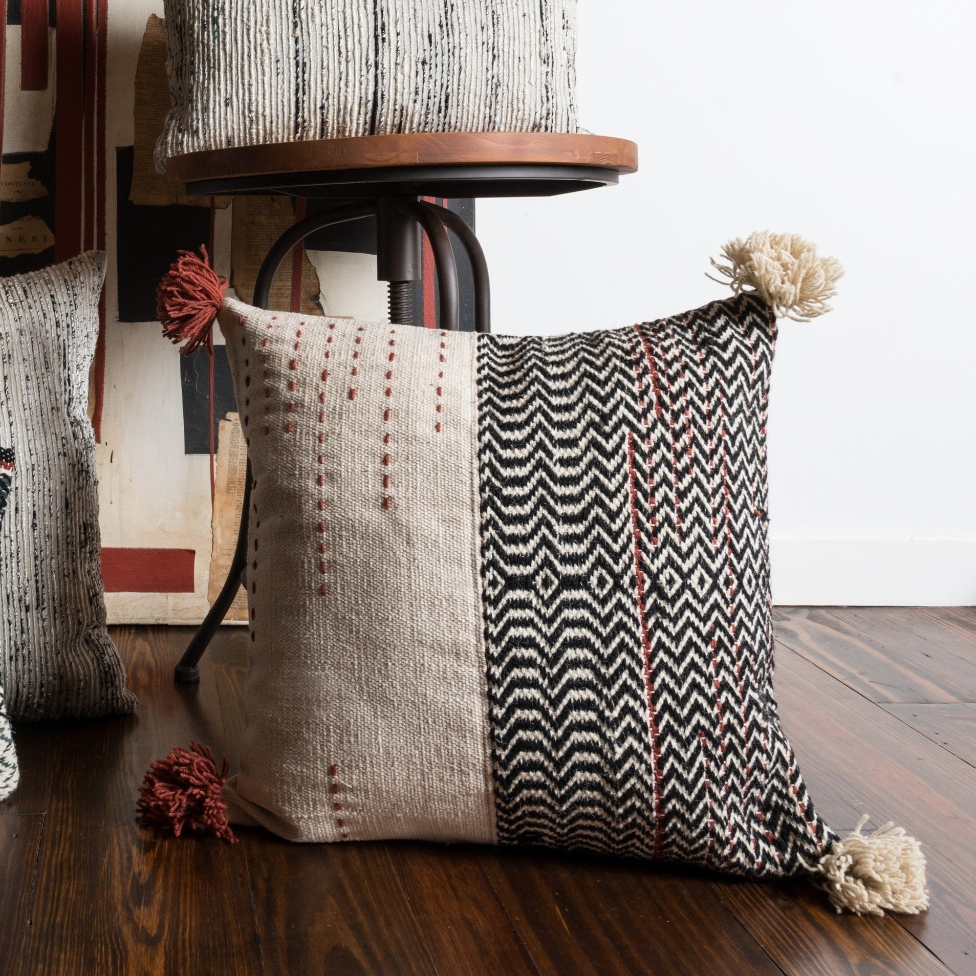 Woven Ivory Black Bohemian Geometric 22 Inch Throw Pillow Or Pillow Cover