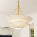 Woven Ivory String 2 Tier Round Shallow Cone Cage Chandelier Brass 30 Inches