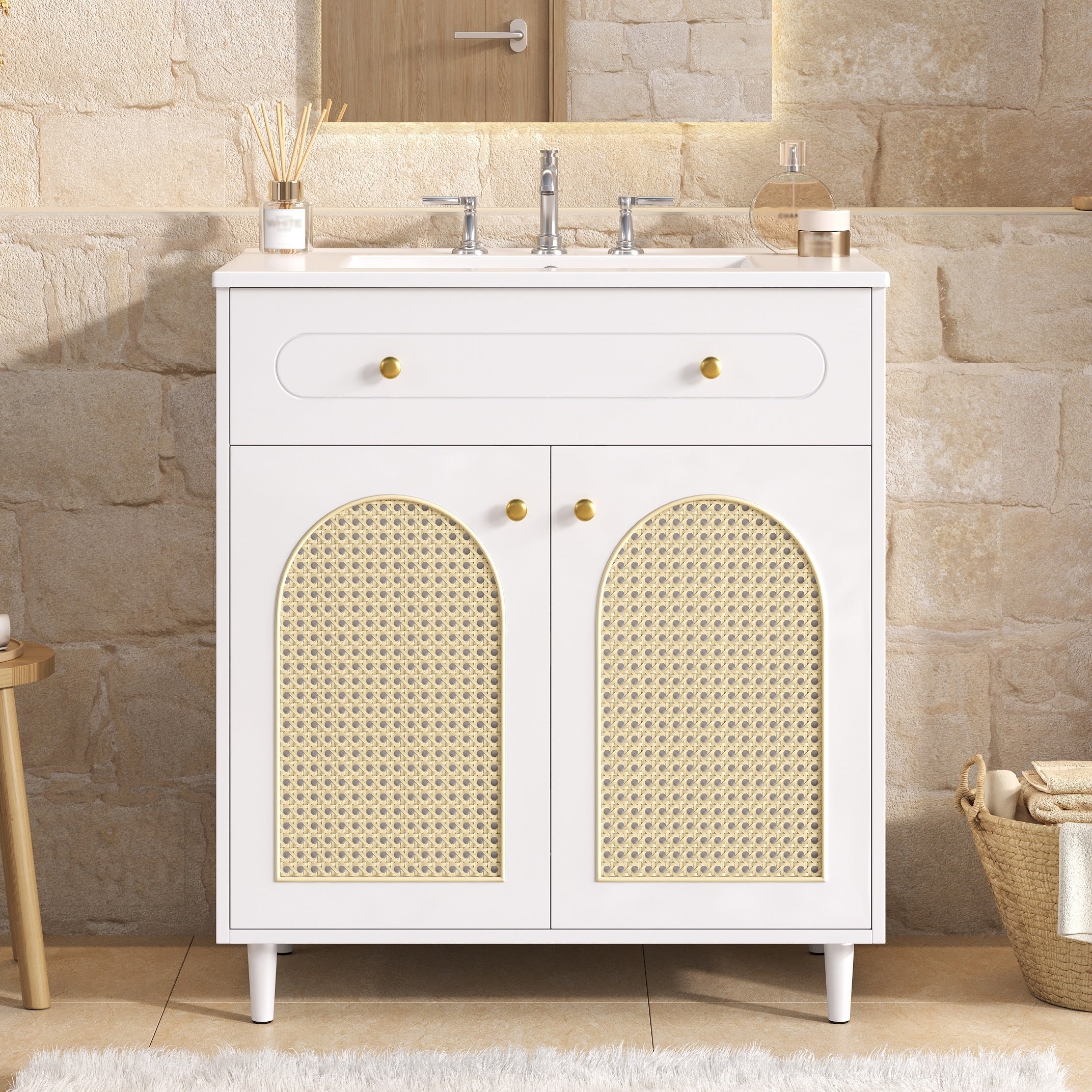 Woven Rattan Bathroom Vanity Single Ceramic Sink Bathroom Cabinet