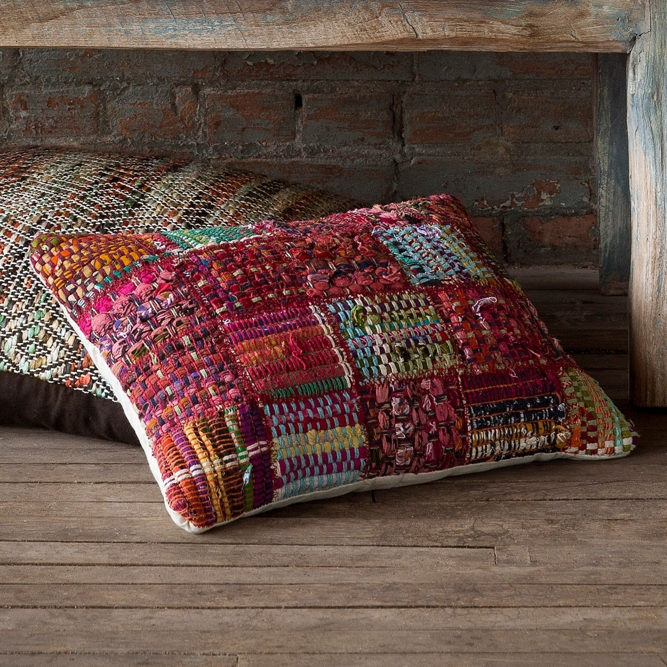 Woven Red Multi Patchwork Wool Cotton 13 X 21 Pillow Cover