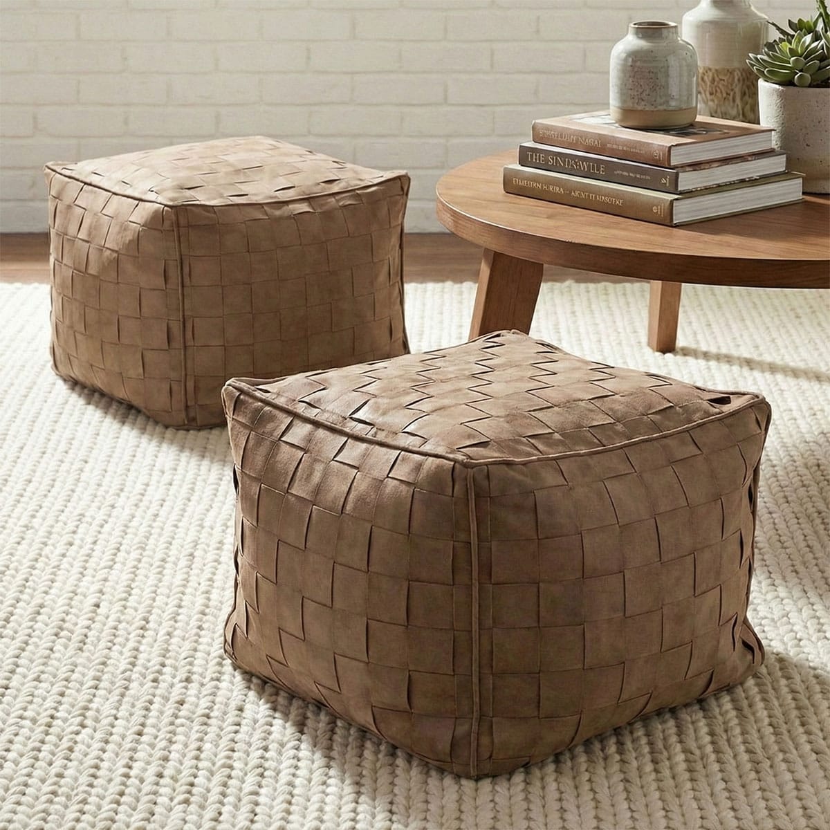 Woven Square Ottomans Poufs Basket Weave Texture Modern Versatility Set Of 2