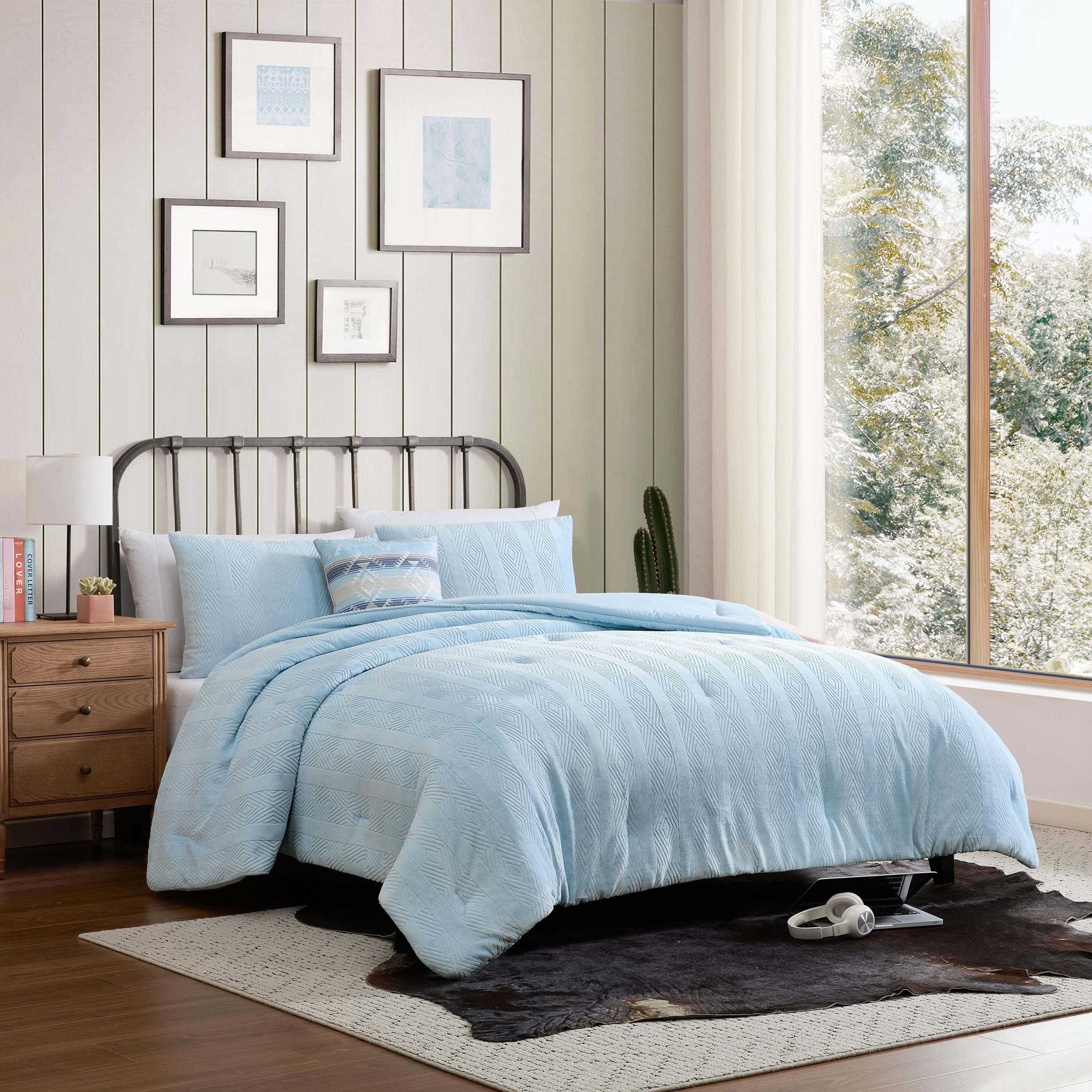 Wrangler Diamond Textured Embossed Plush Comforter Set Soft Reversible Blue