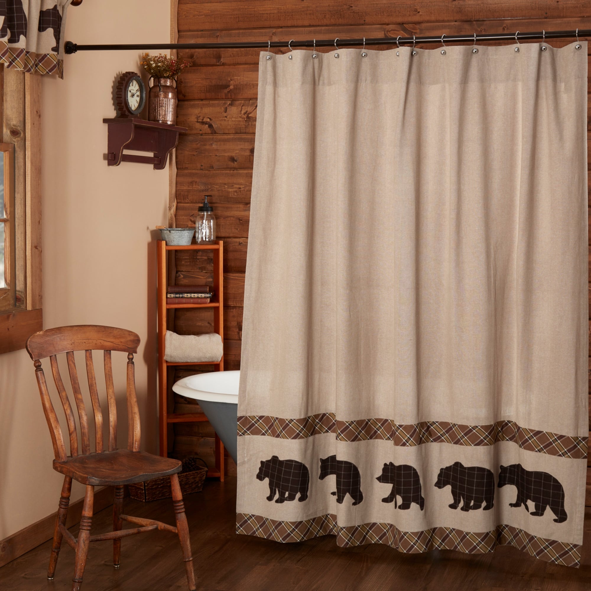 Vhc Wyatt Khaki Tan Rustic Lodge Bath Bear Appliqued Shower Curtain