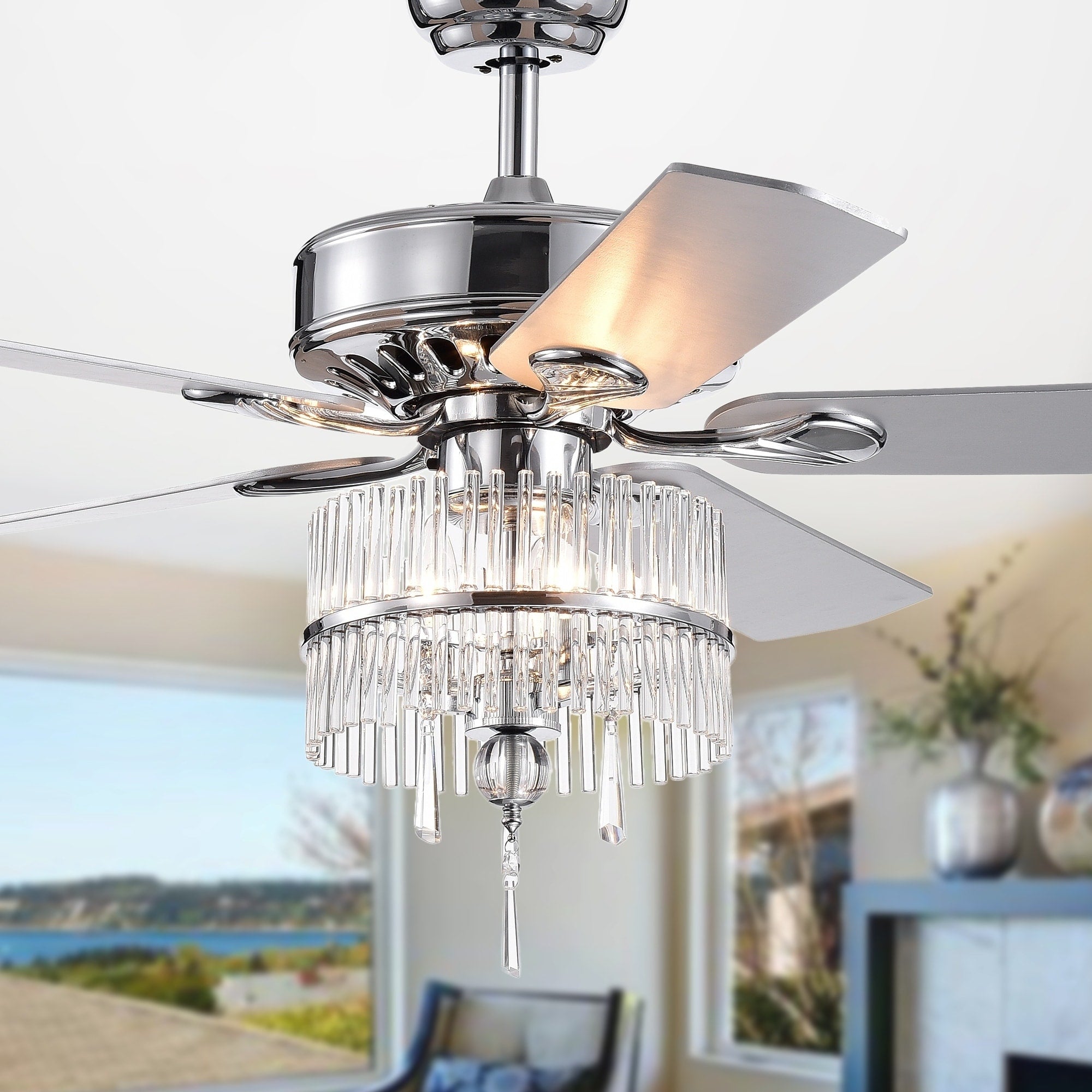 Wyllow Debase 52 Inch 5 Blade Chrome Lighted Ceiling Fans With Crystal Flutes Shade Remote Controlled