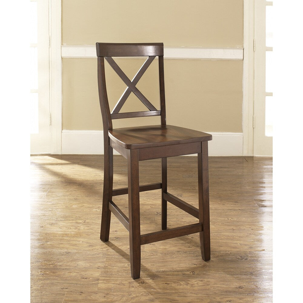 X Back Bar Stool In Mahogany Finish With 24 Inch Seat Height. Set Of Two