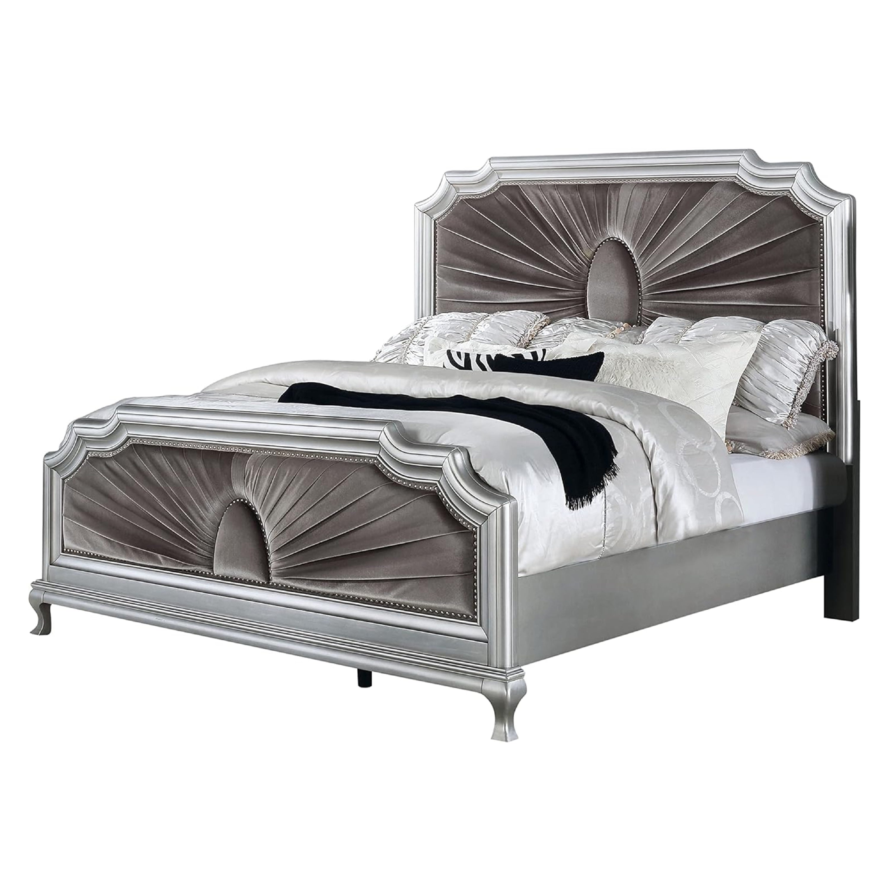 Xan Cal. King Bed Silver Wood Gray Pleated Velvet Upholstery