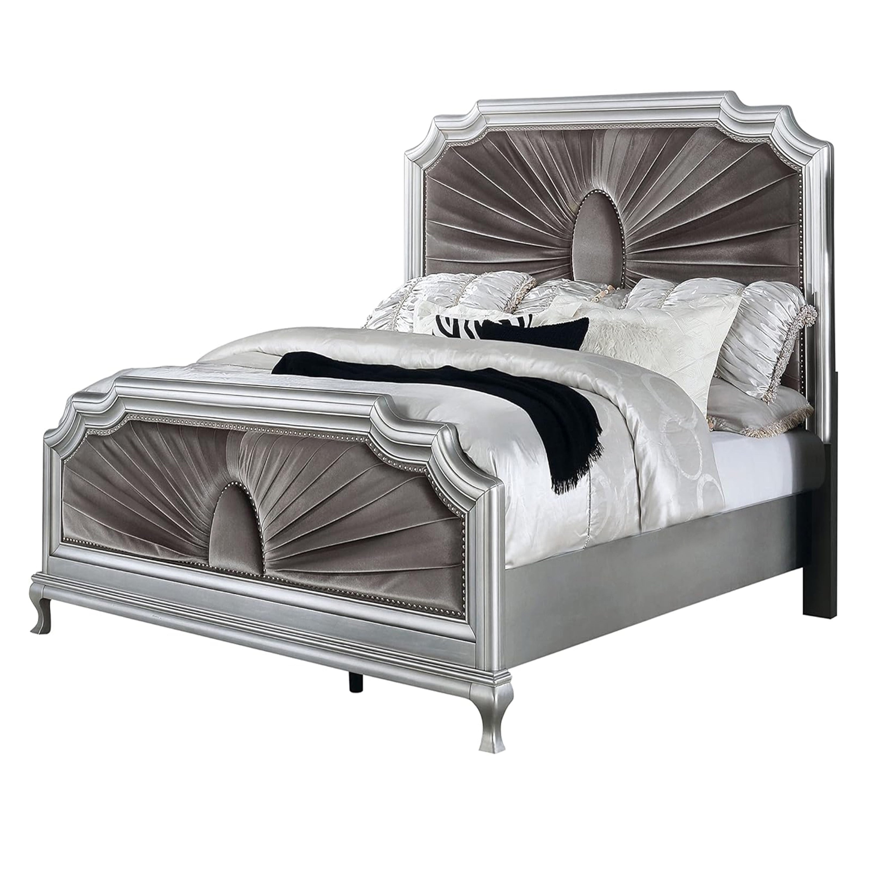 Xan Queen Bed Silver Wood Gray Pleated Velvet Upholstery