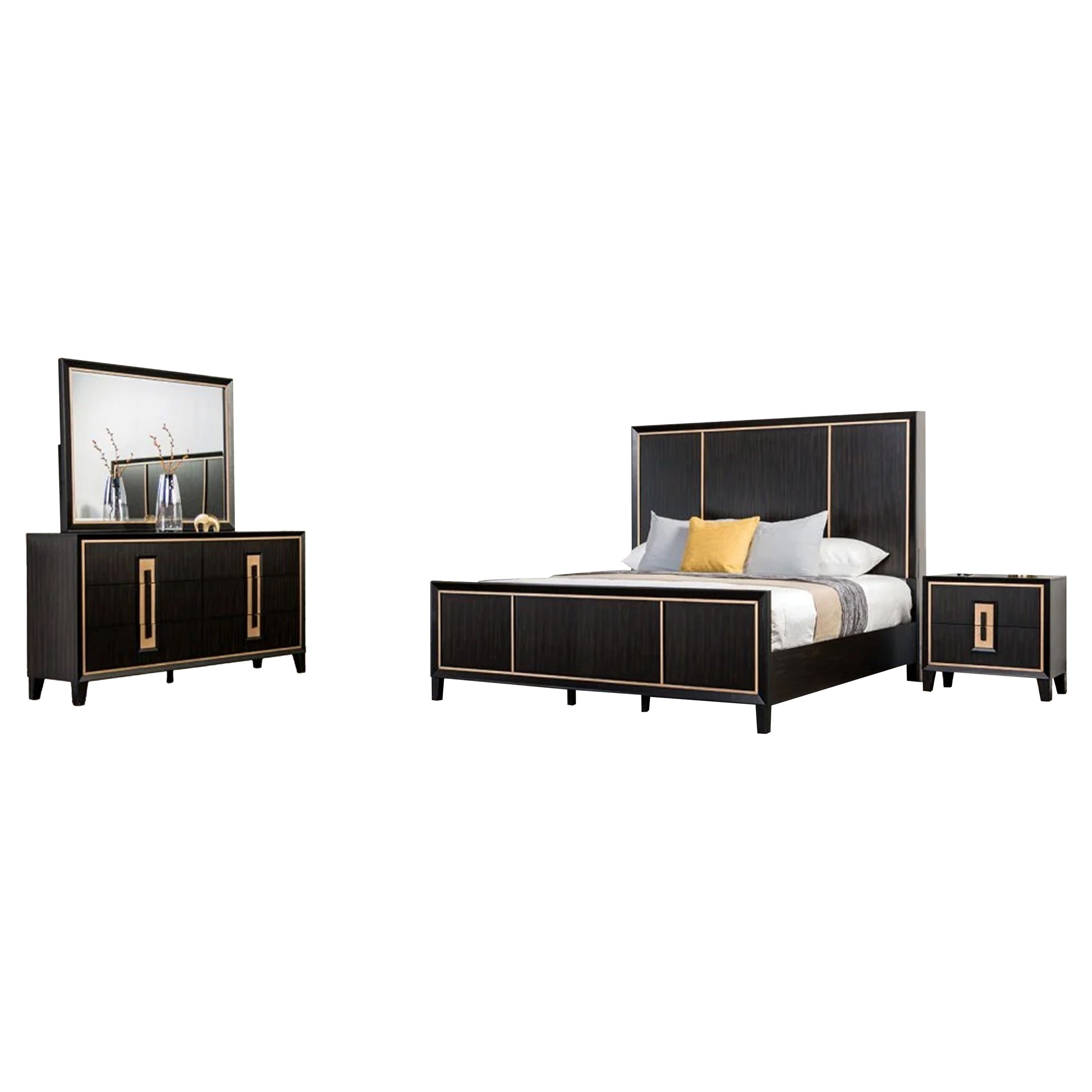 Yada 4Pc Queen Bedroom Set W Dresser Mirror Espresso Brown With Gold Trim