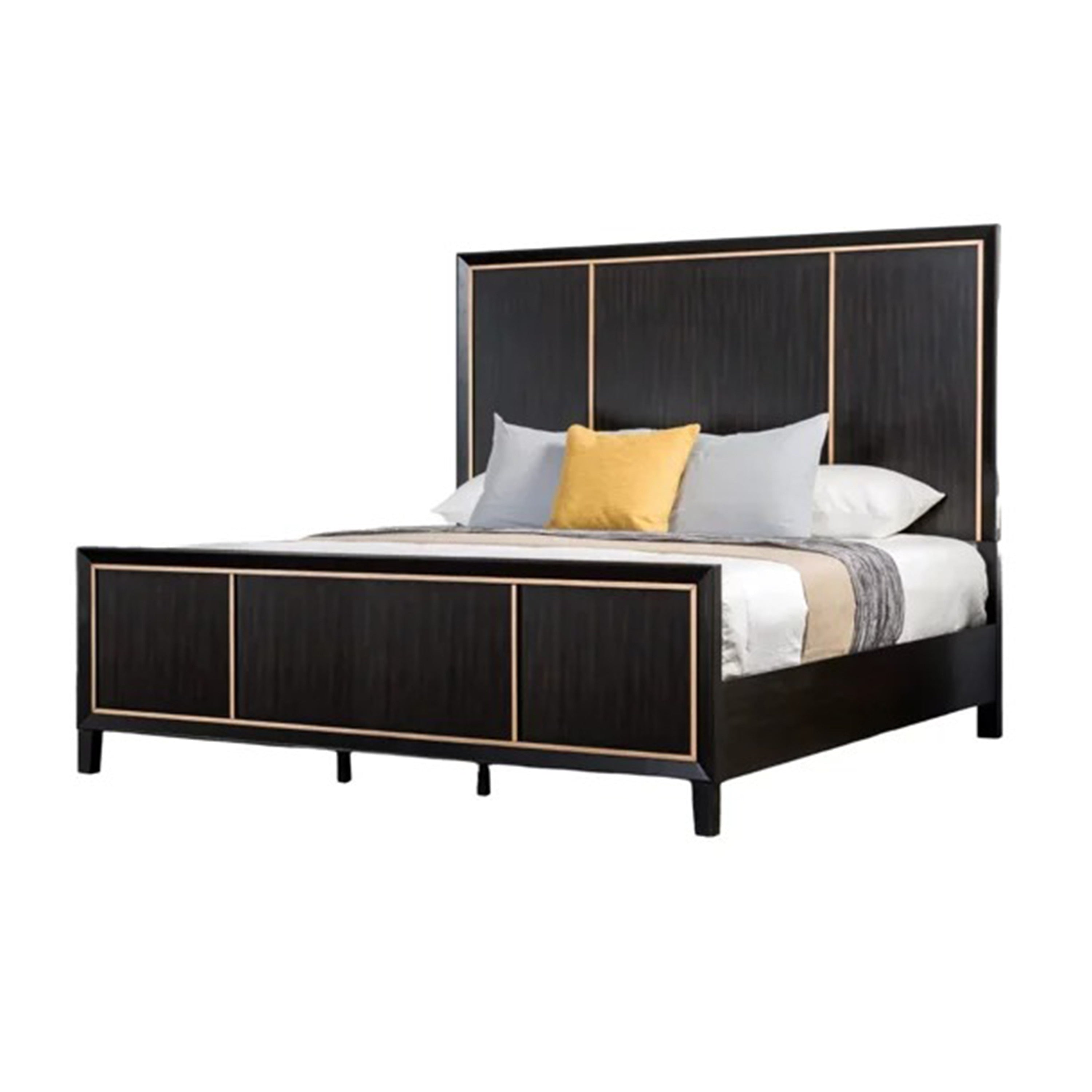 Yada Queen Bed W Gold Trim Accents Tapered Legs Espresso Brown Wood