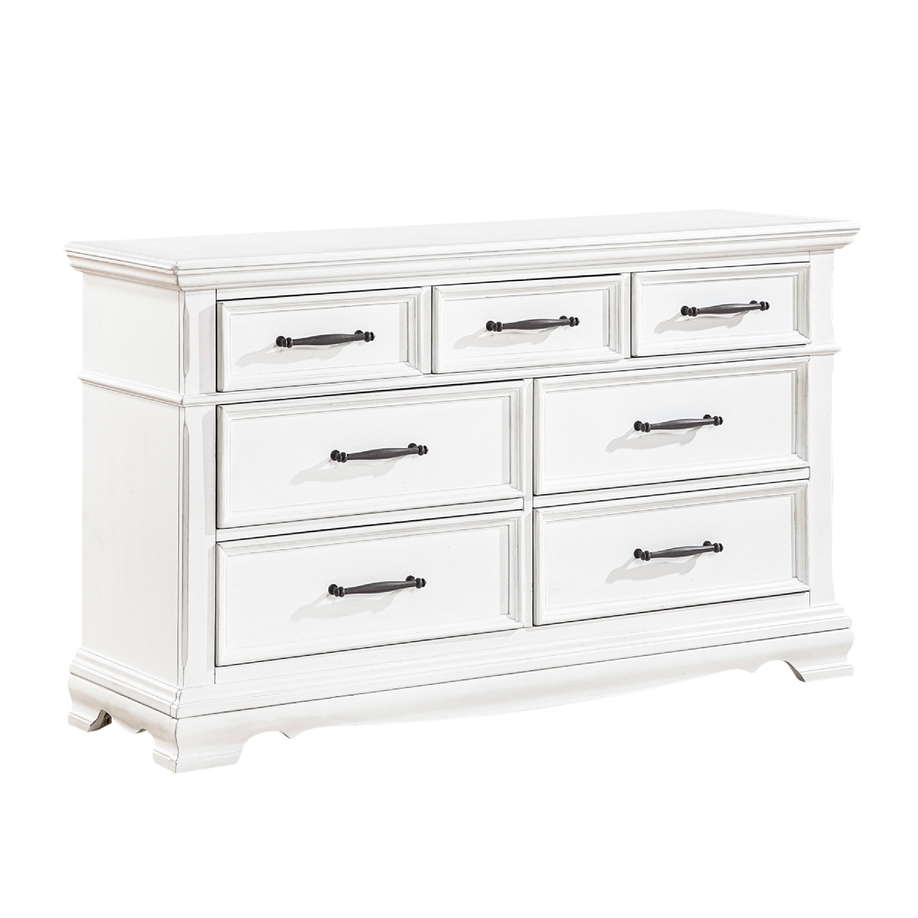 Yal Wide Dresser 7 Drawers W Black Nickel Bar Handles White Finish