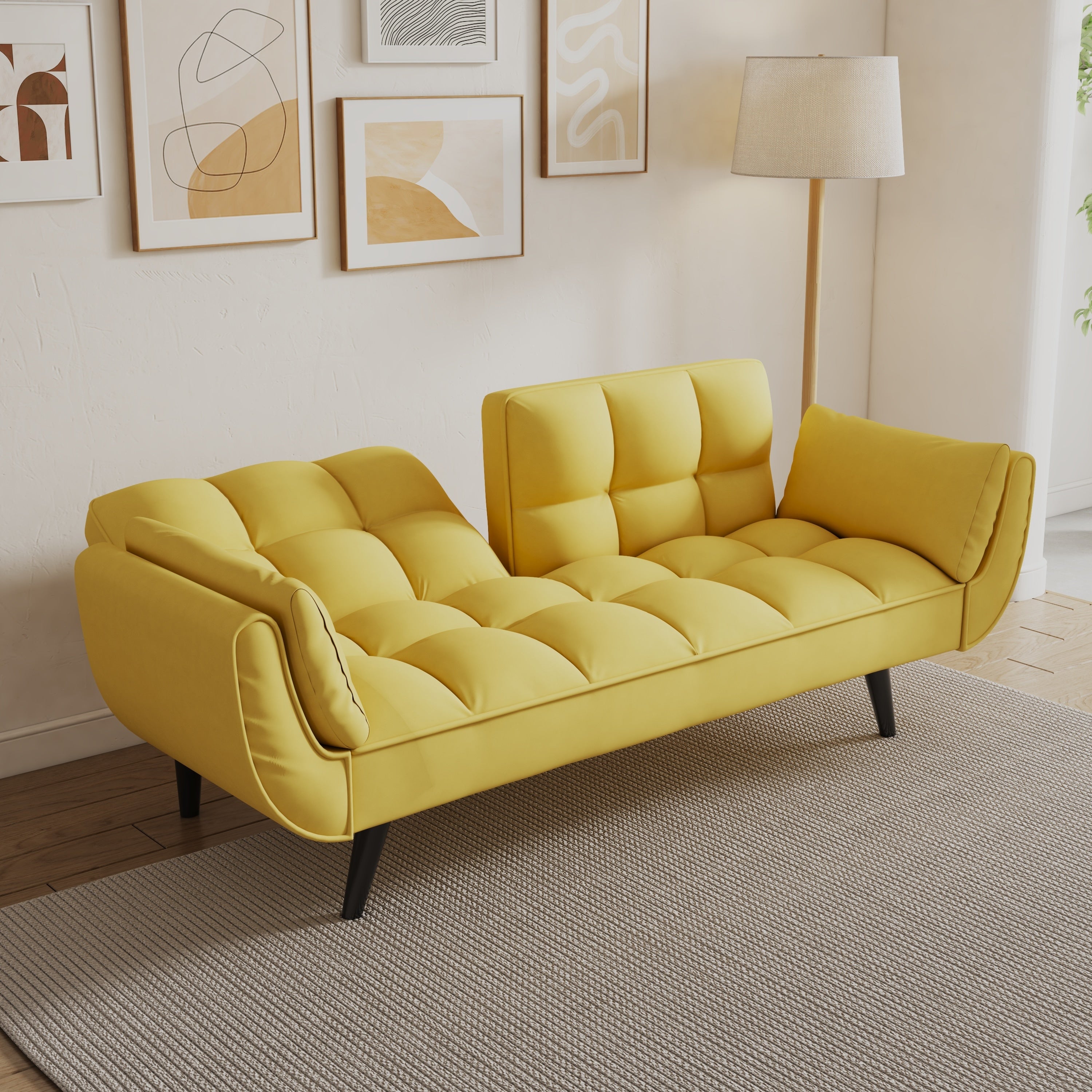Yellow Convertible Sofa Bed With Adjustable Backrest Folding Sofa Loveseat Upholstered Sofa Couch For Living Room