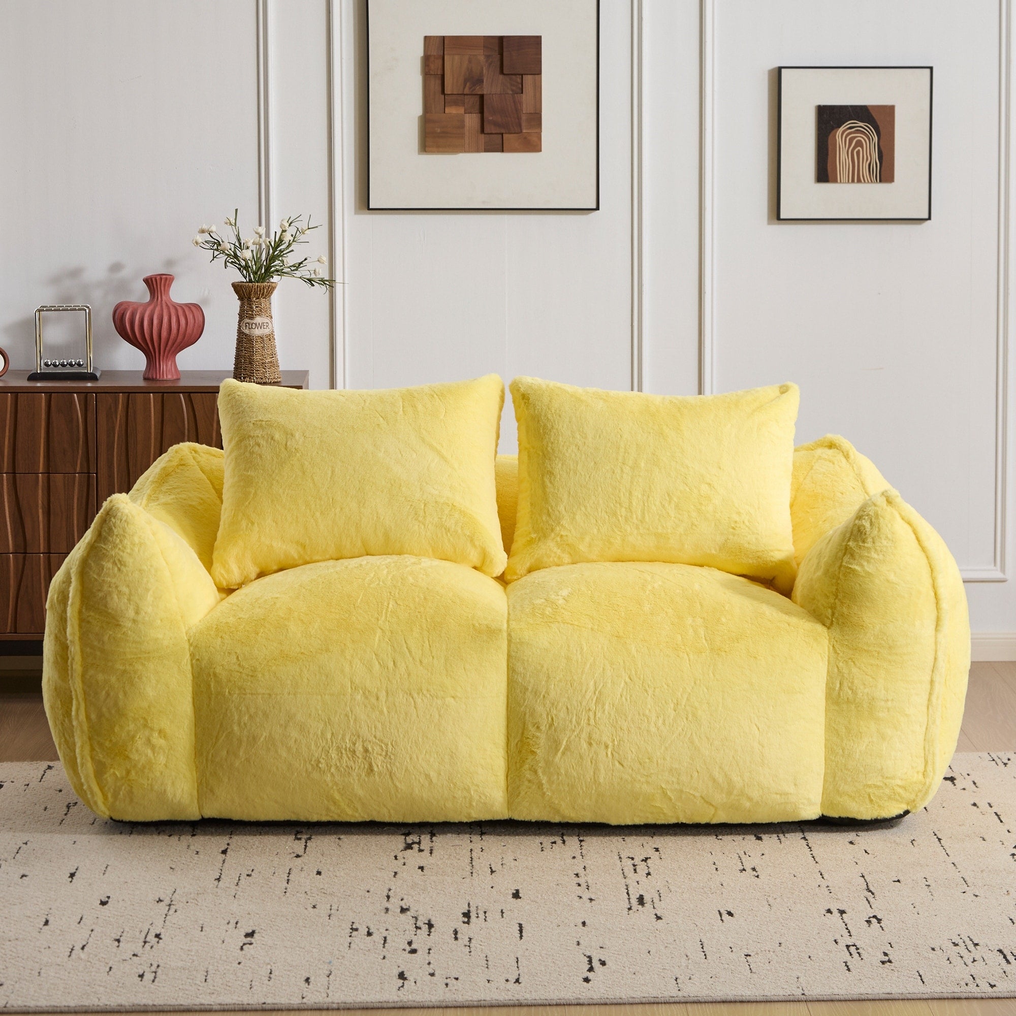 Yellow Simple Bean Bag Couch Loveseat Sofa Couch With 2 Pillows Lounge Sofa Couch For Living Room Bedroom