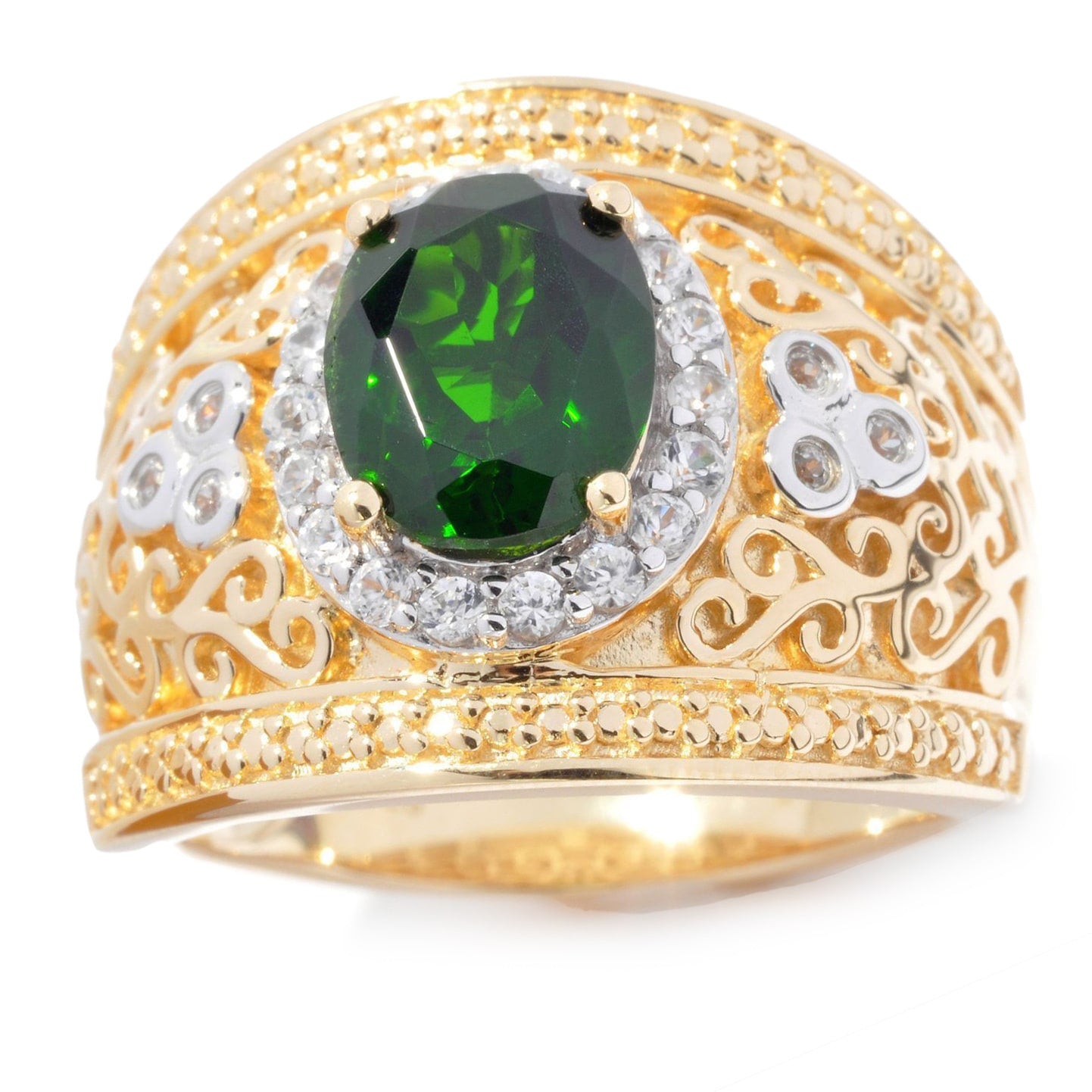 Pinctore Yellow Vermeil Over Sterling Silver Chrome Diopside White Zircon Wide Band Ring