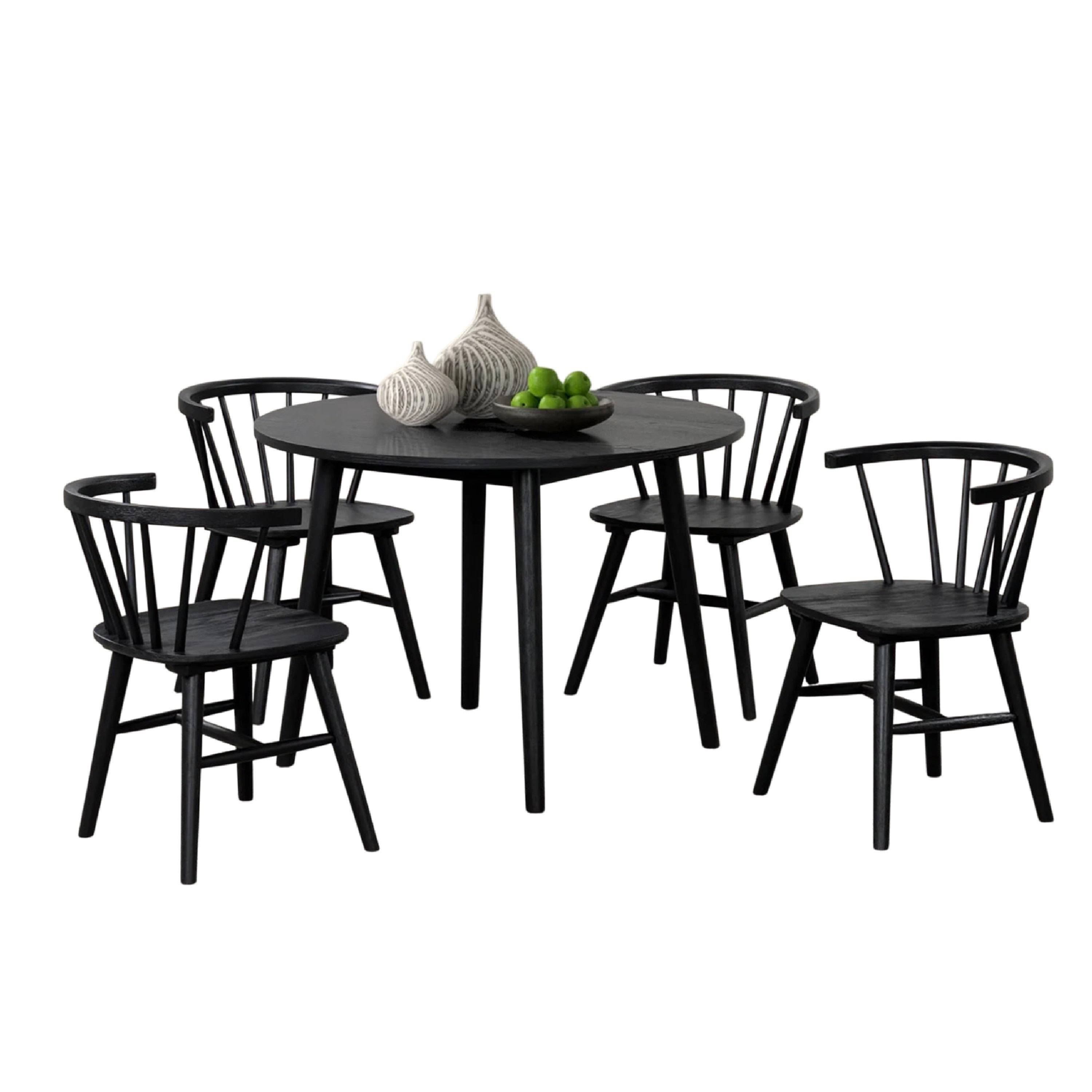 Yely 5Pc Dining Table With 4 Windsor Chairs Set Black Rubberwood
