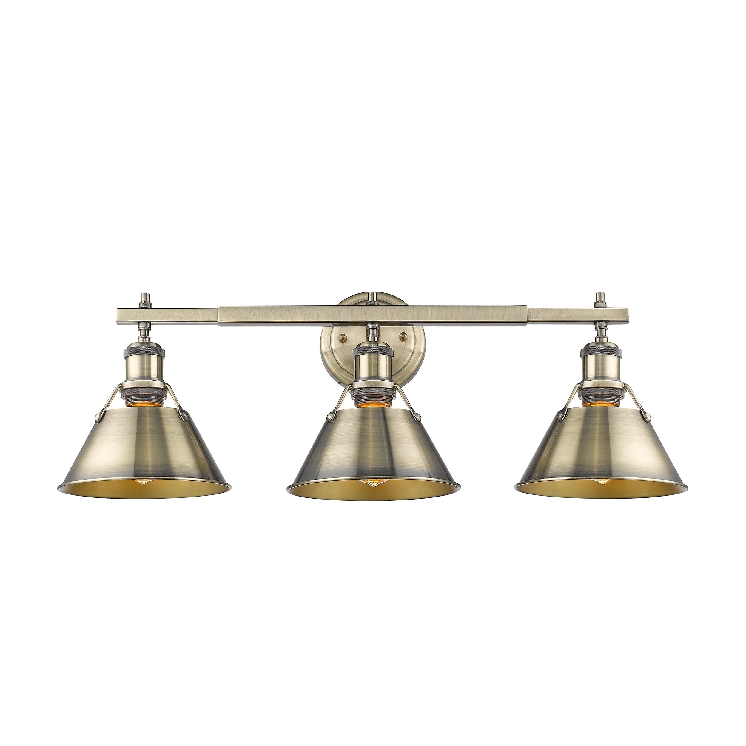 Golden Lighting Orwell Aged Brass Finish Steel Navy Blue Glass Shade 3 Light Bath Vanity Fixture