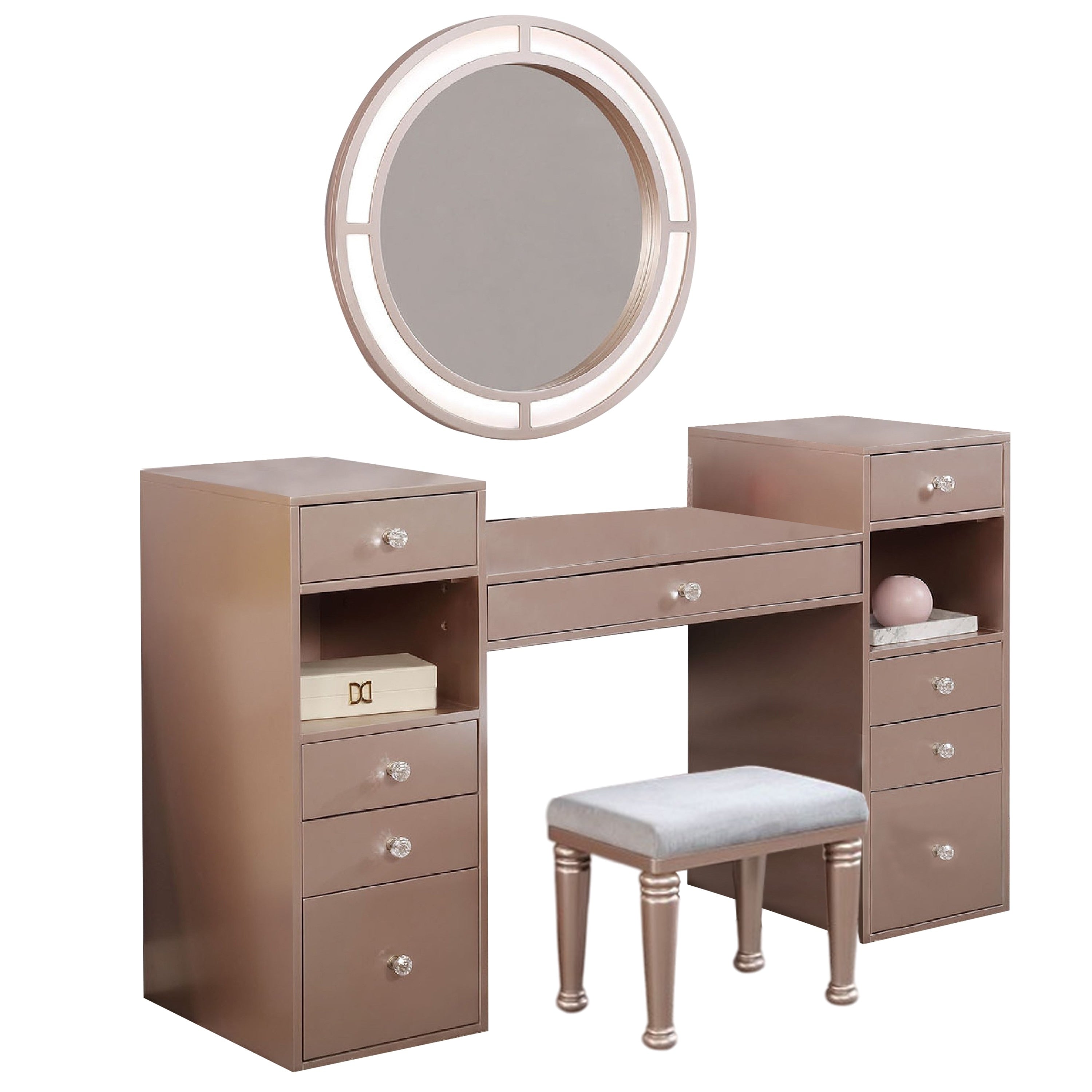 Yezy 3Pc Vanity Led Mirror Desk Set With Padded Stool Blush Pink