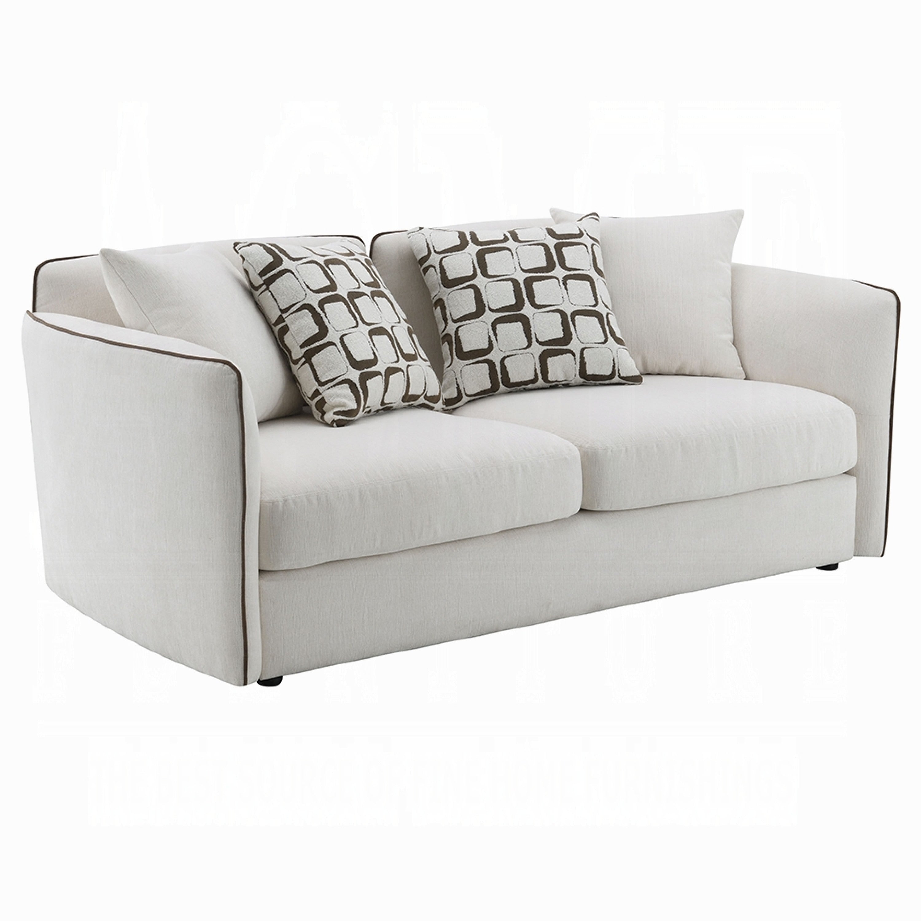 Yoda Loveseat With 4 Pillows Foam Beige Chenille Brown Trim 73 Inch