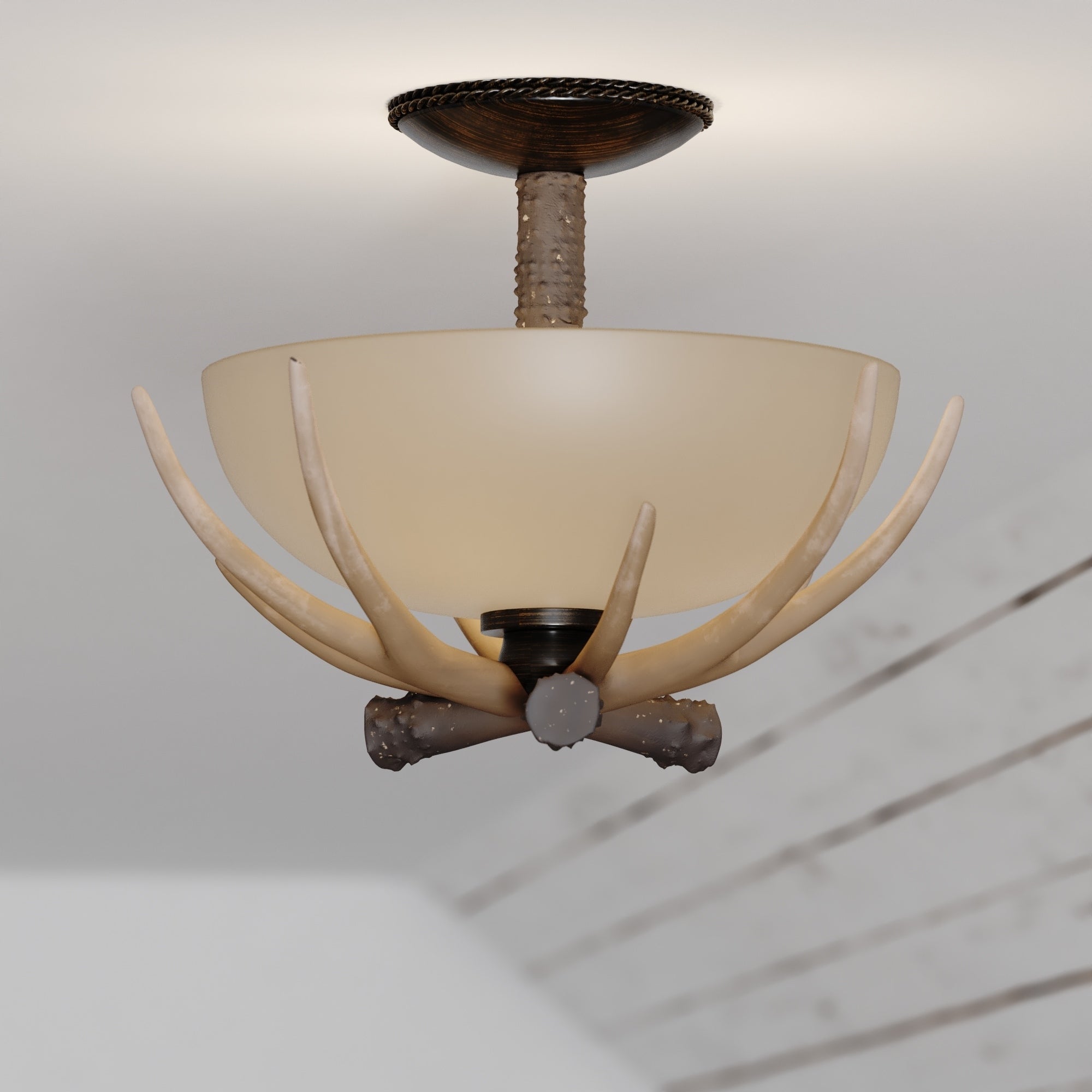 Yoho 12 In W Bronze Rustic Antler Bowl Semi Flush Mount Ceiling Light Cream Glass 12 In W X 11 In H X 12 In D