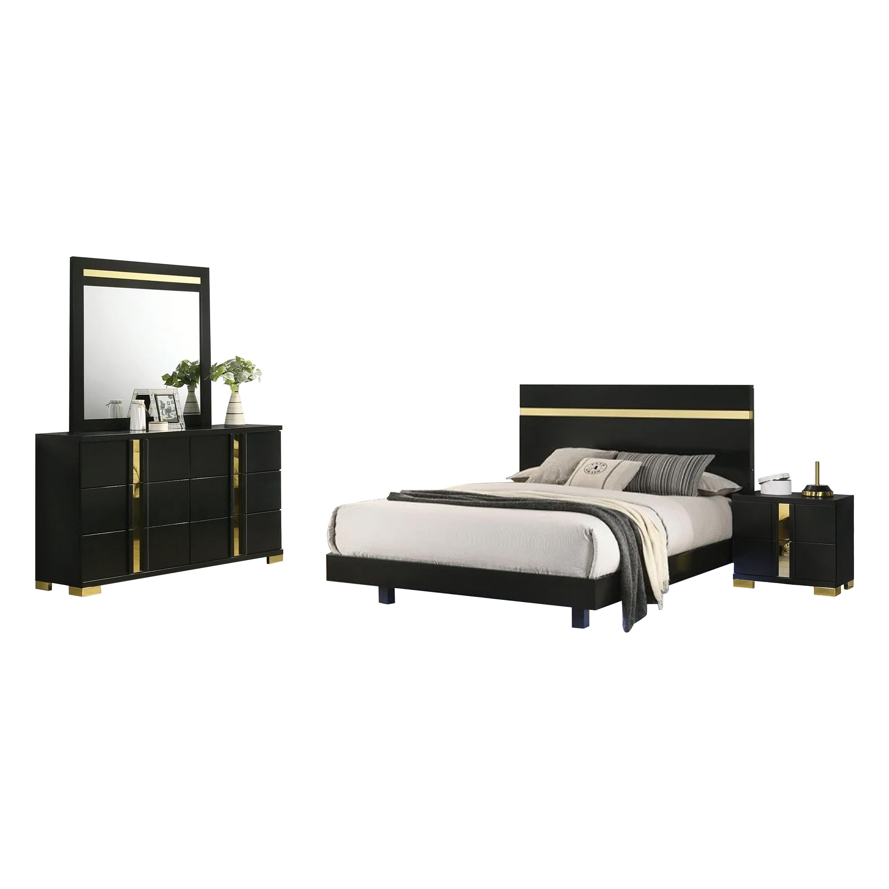 Yoki 4Pc Queen Bedroom Set W Underbed Led Black Wood And Gold Accents
