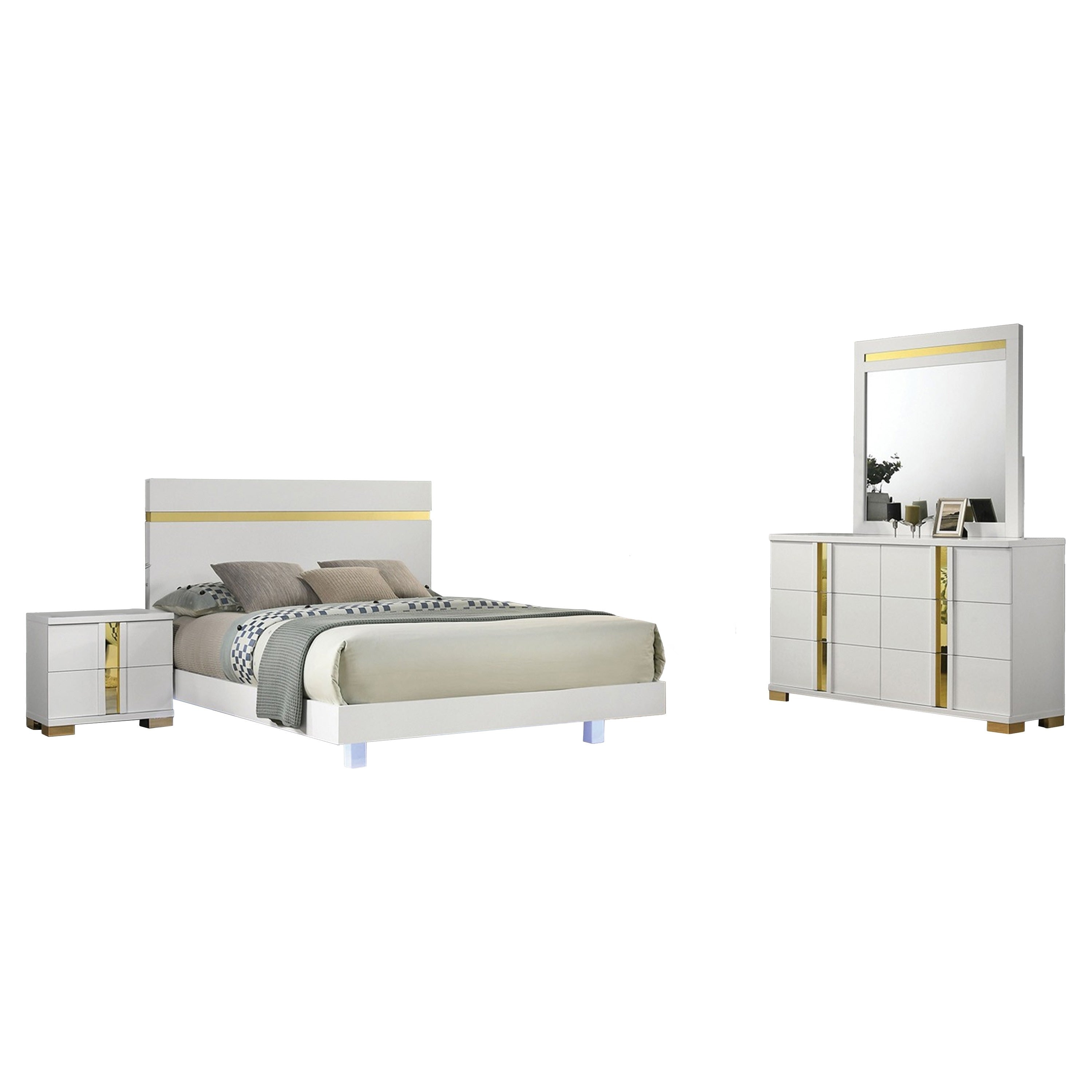 Yoki 4Pc Queen Bedroom Set W Underbed Led White Wood And Gold Accents
