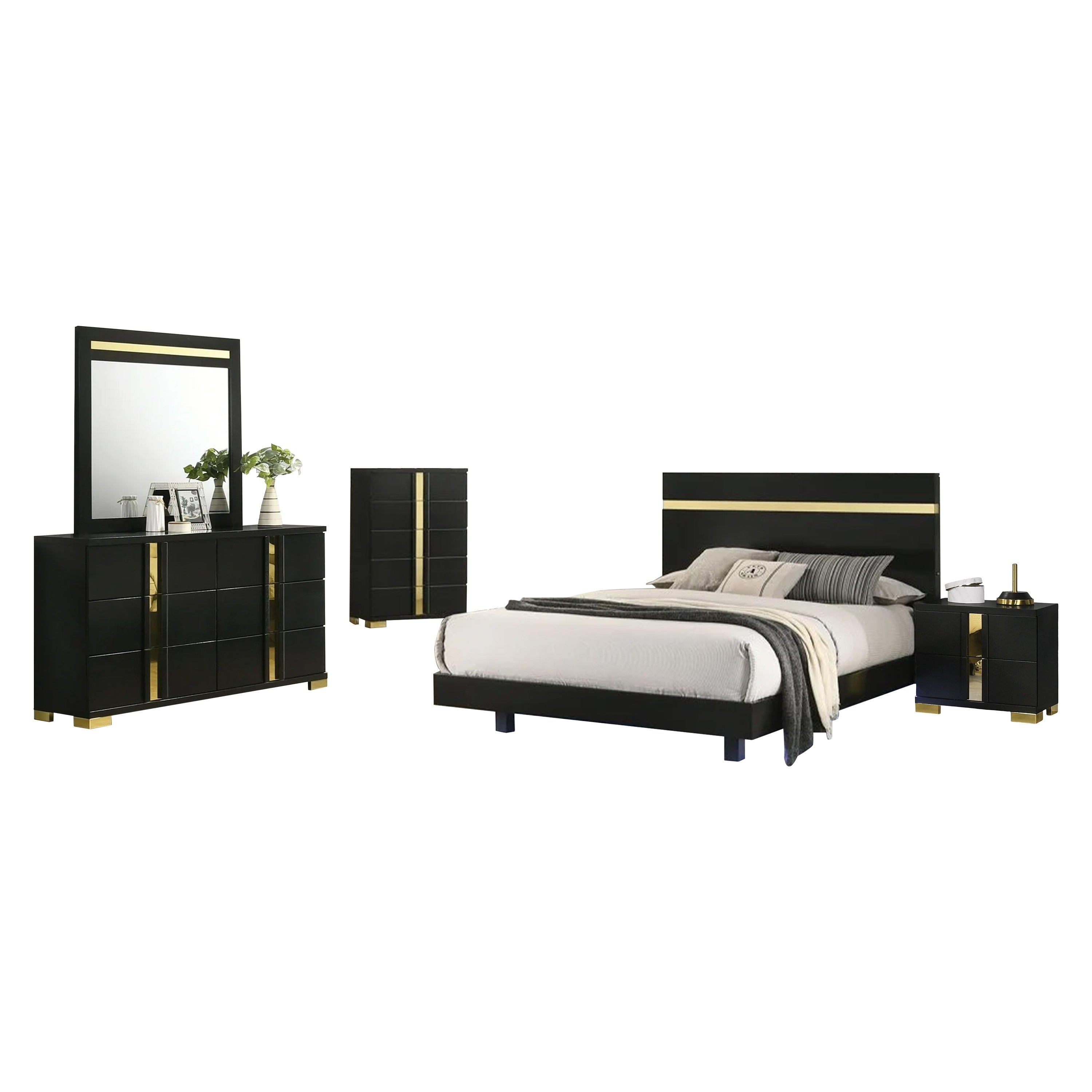 Yoki 5Pc Queen Bedroom Set W Underbed Led Black And Gold Tall Dresser