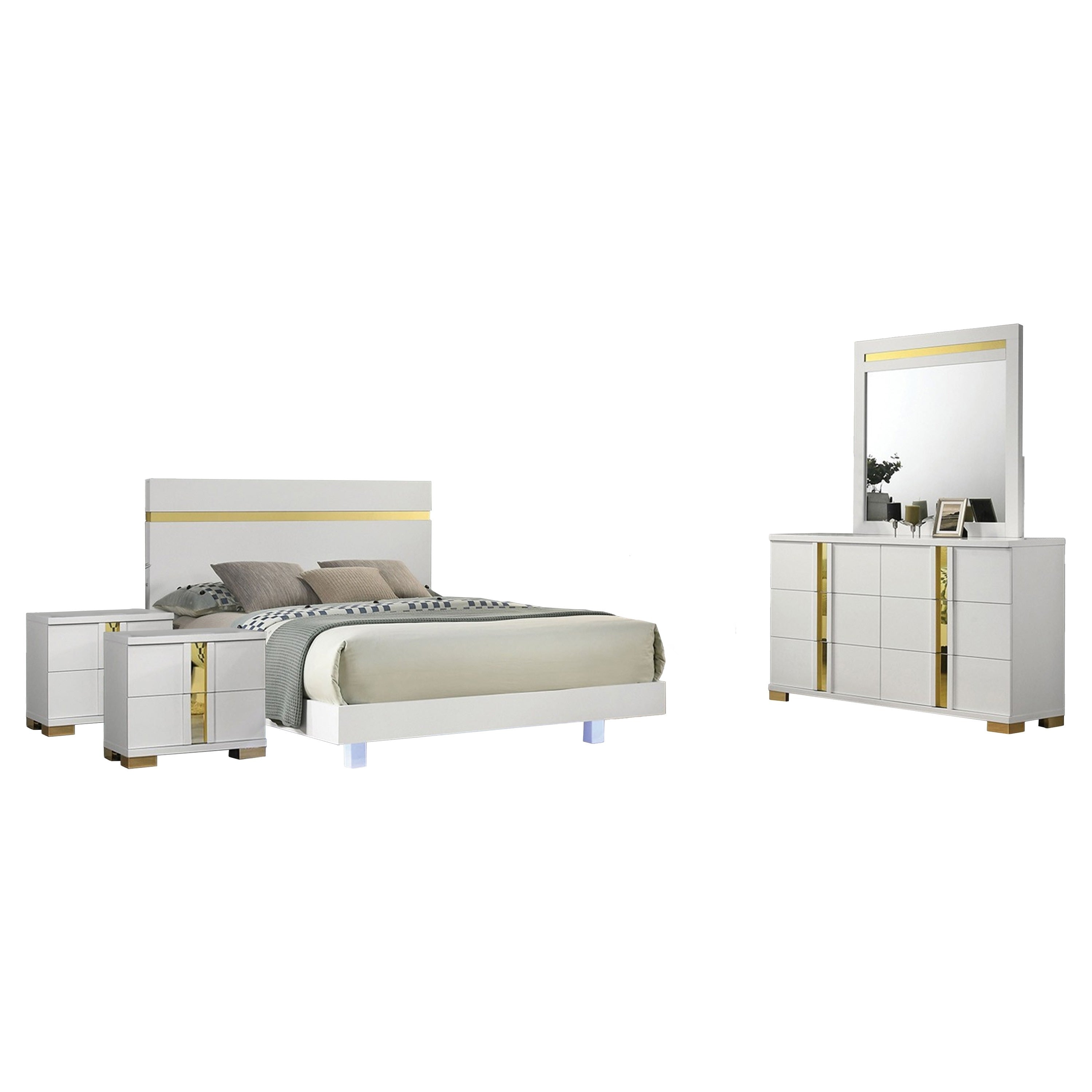 Yoki 5Pc Queen Bedroom Set W Underbed Led White And Gold 2 Nightstands