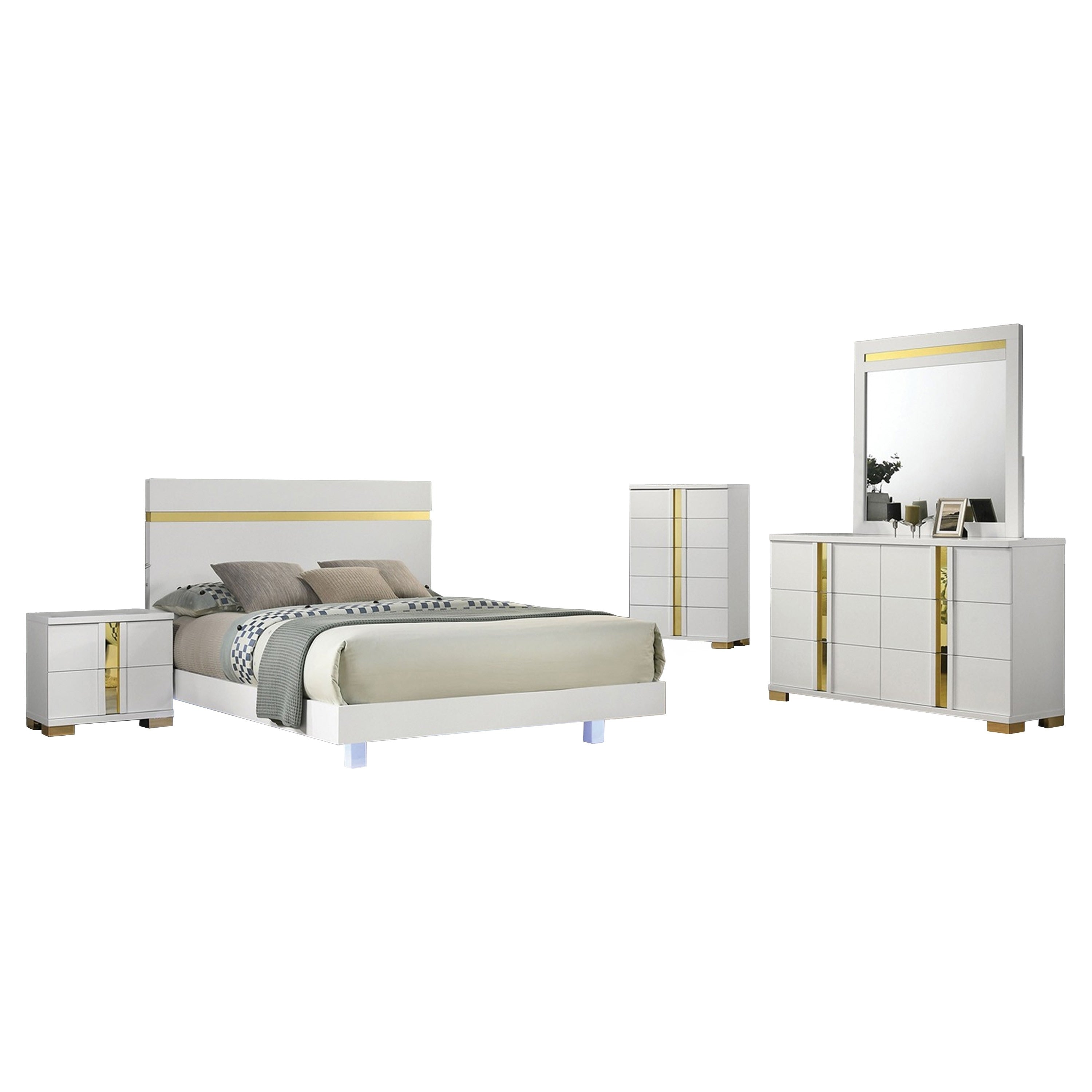 Yoki 5Pc Queen Bedroom Set W Underbed Led White And Gold Tall Dresser
